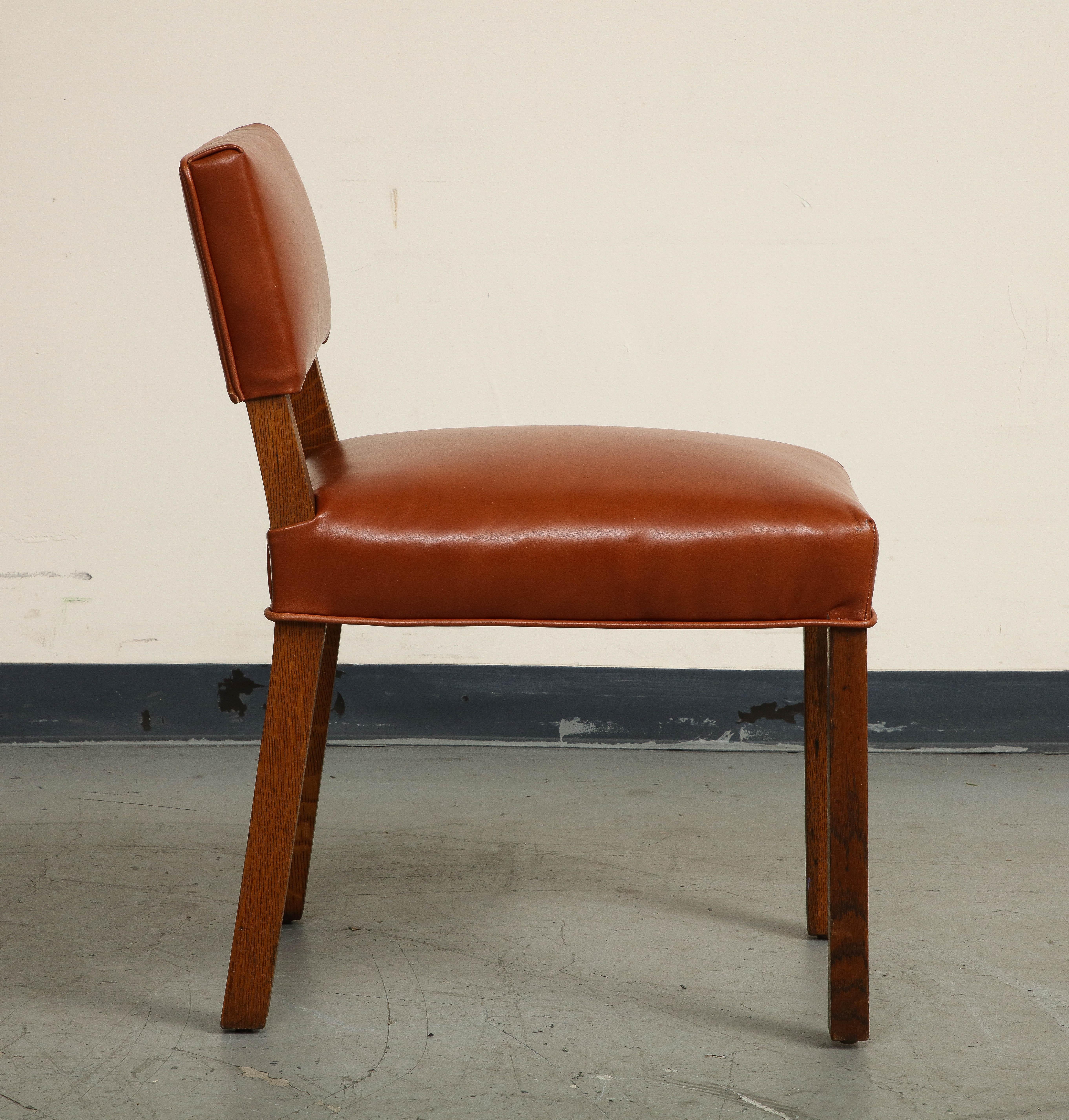 Pair of Mid-Century French Oak and Brown Leather Side Chairs In Good Condition For Sale In Chicago, IL