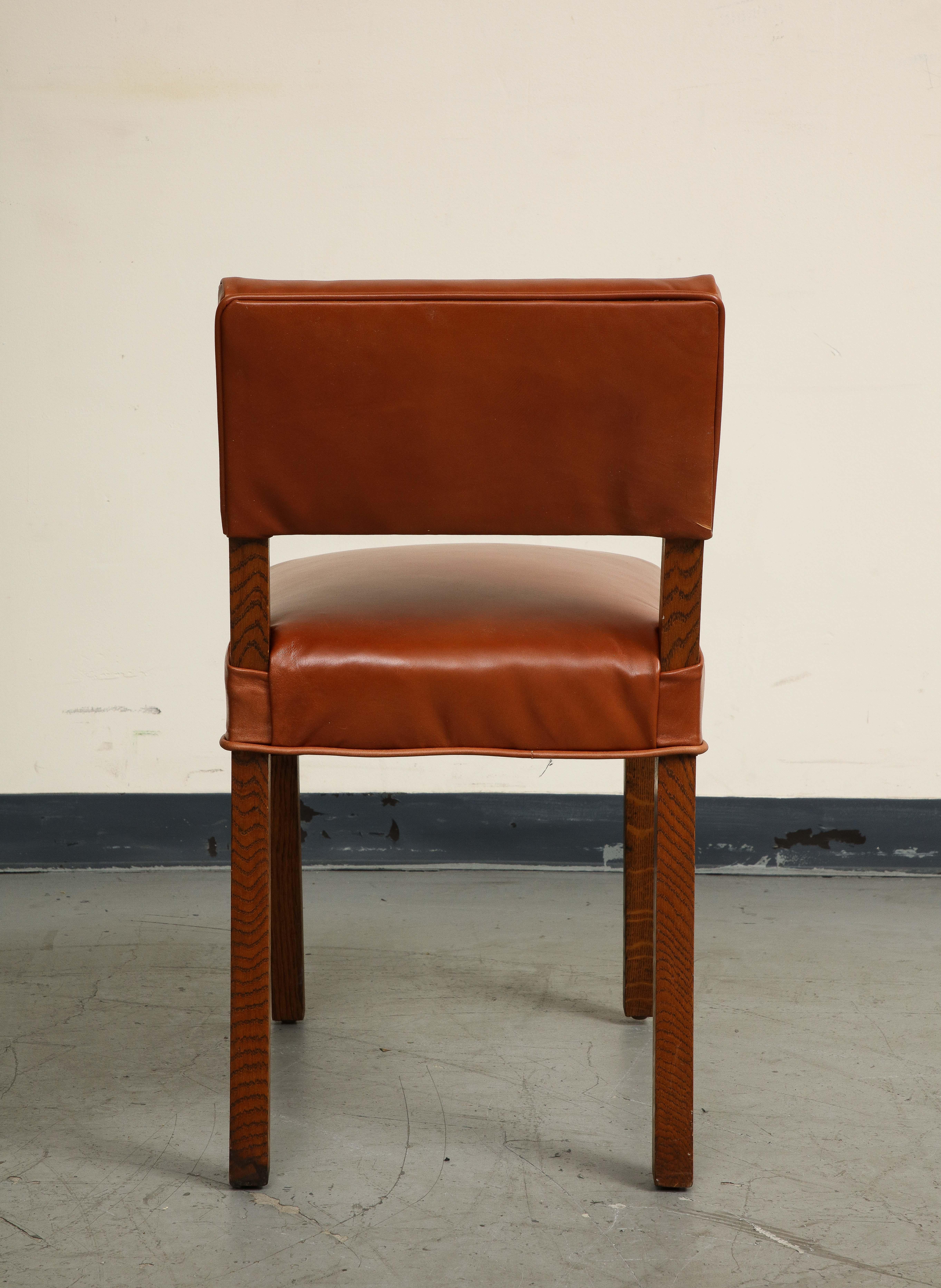 Pair of Mid-Century French Oak and Brown Leather Side Chairs For Sale 1