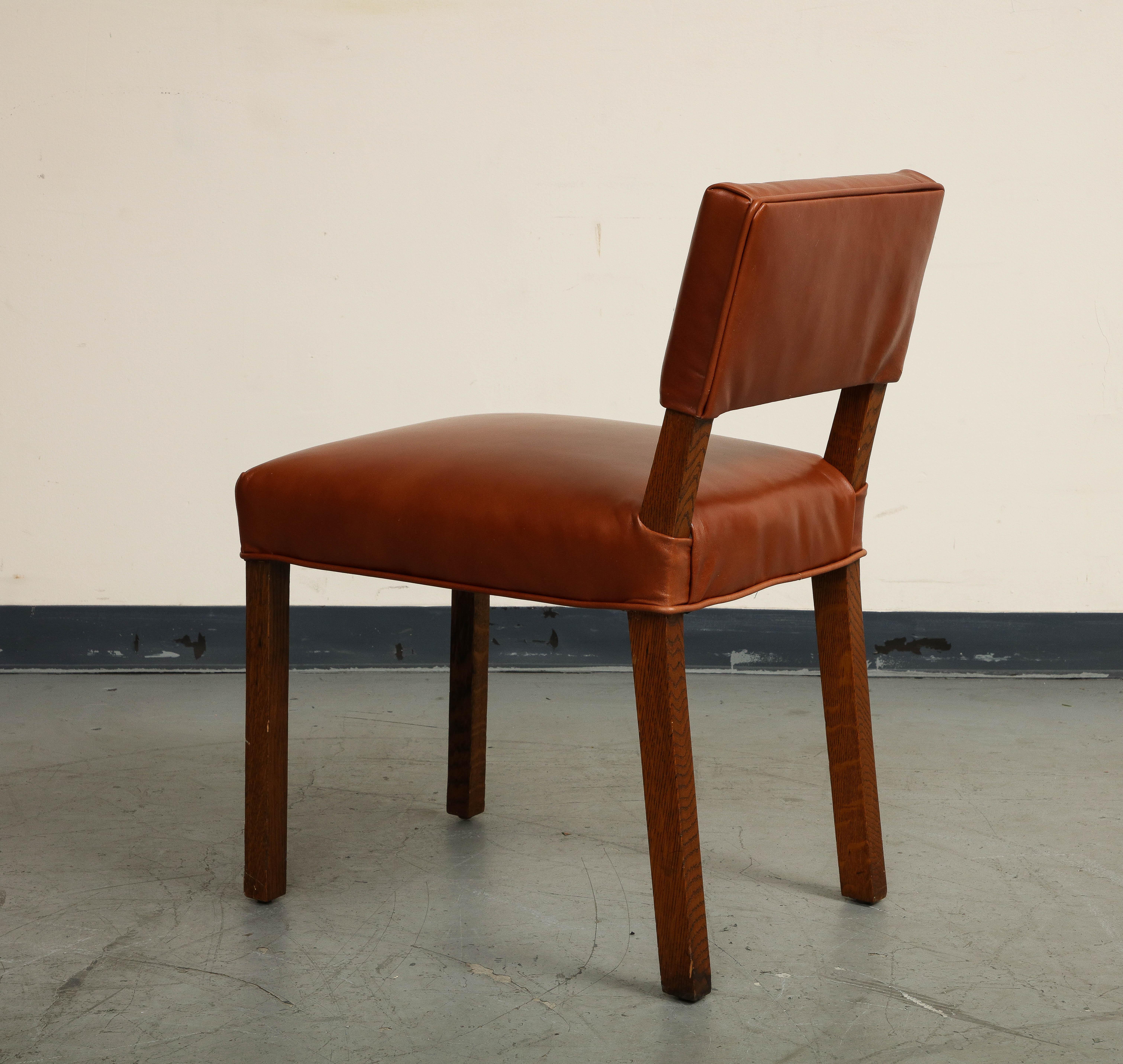 Pair of Mid-Century French Oak and Brown Leather Side Chairs For Sale 2