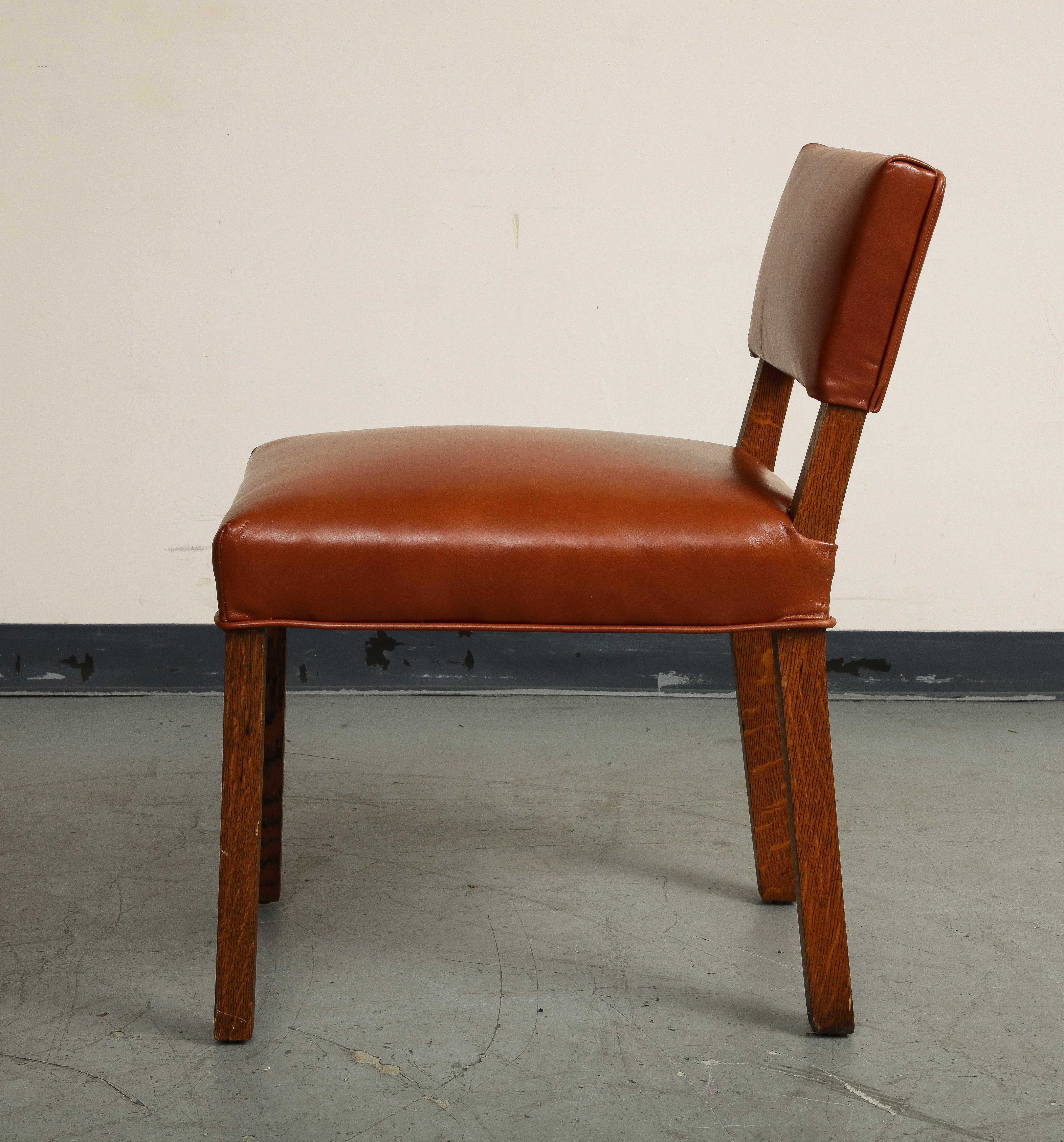 Pair of Mid-Century French Oak and Brown Leather Side Chairs For Sale 3