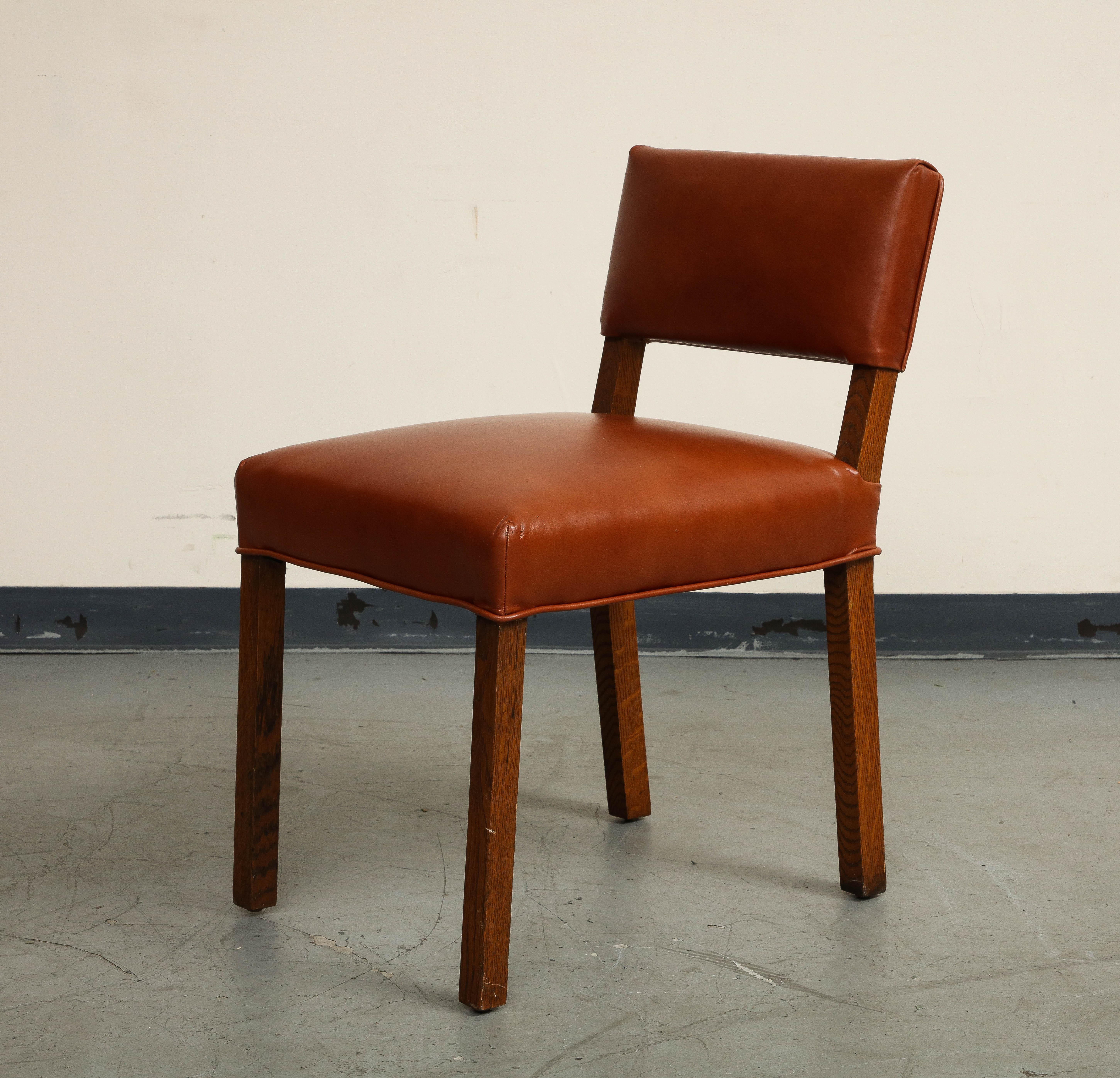 Pair of Mid-Century French Oak and Brown Leather Side Chairs For Sale 4