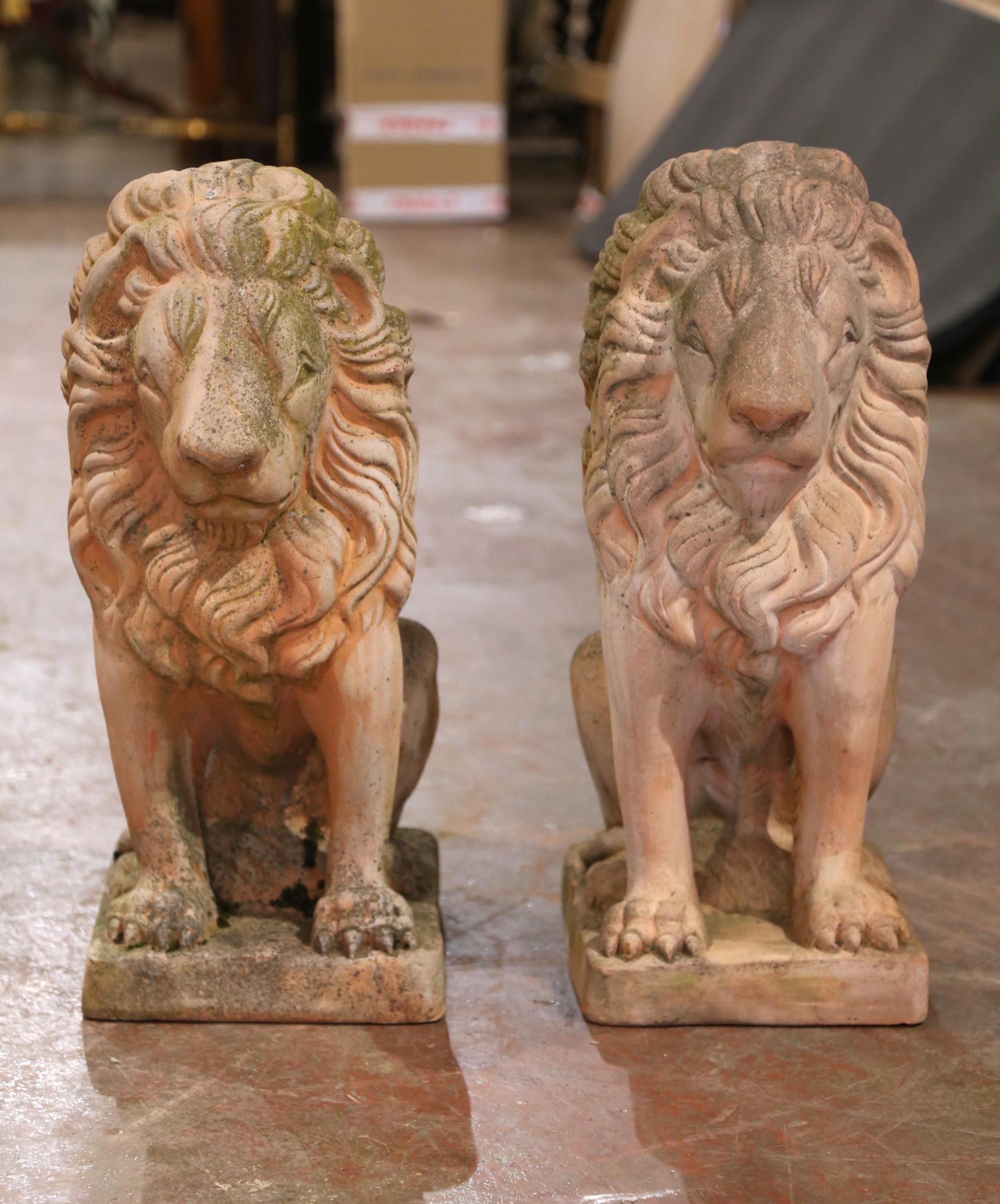 Imposing yet refined, this pair of mid-century French lion sculptures brings classical strength and architectural charm to any outdoor setting. Crafted in France circa 1950, each lion is hand-carved from solid stone and depicted in a seated position