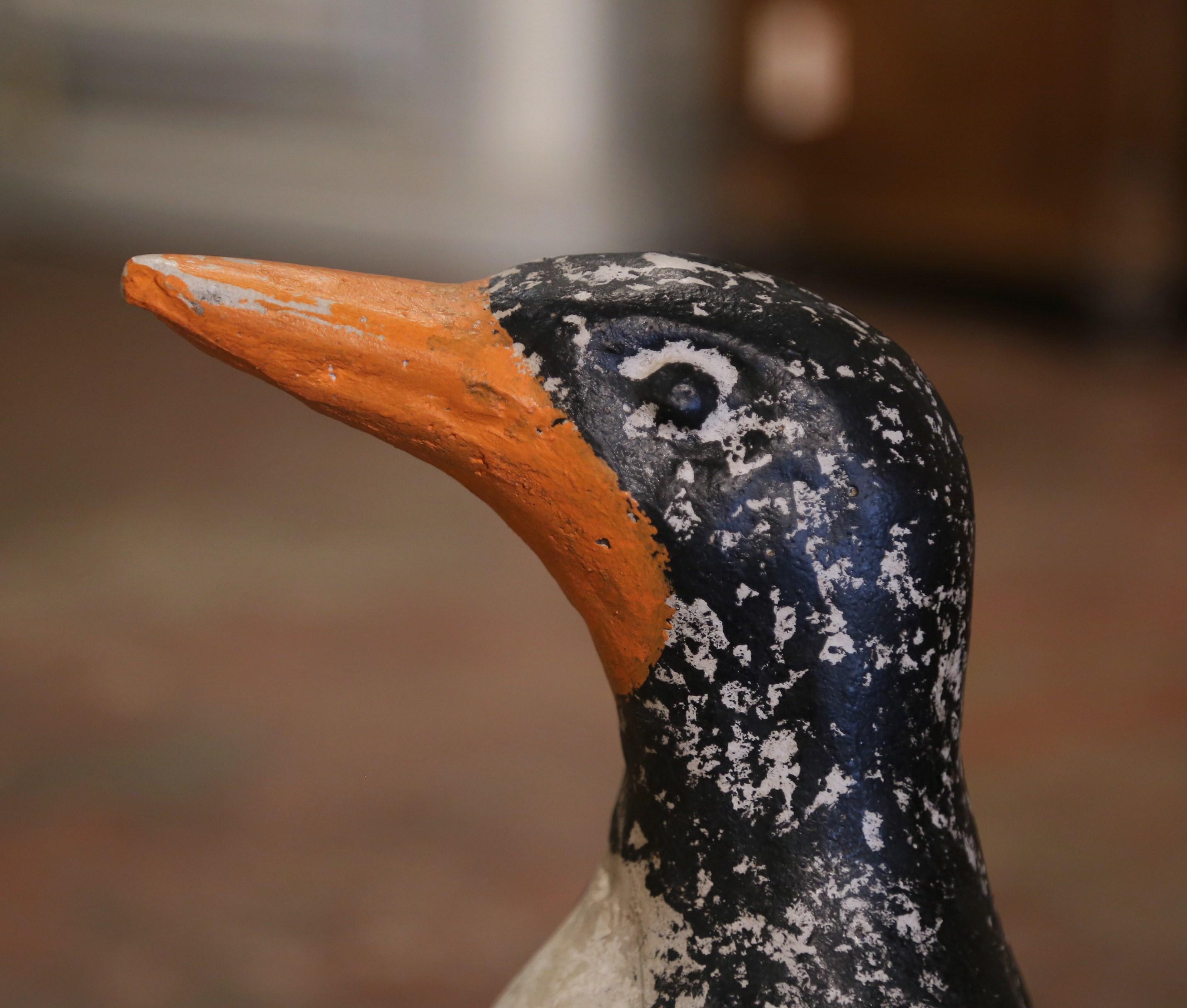 Pair of Mid-Century French Outdoor Weathered Painted Stone Penguin Sculptures 1