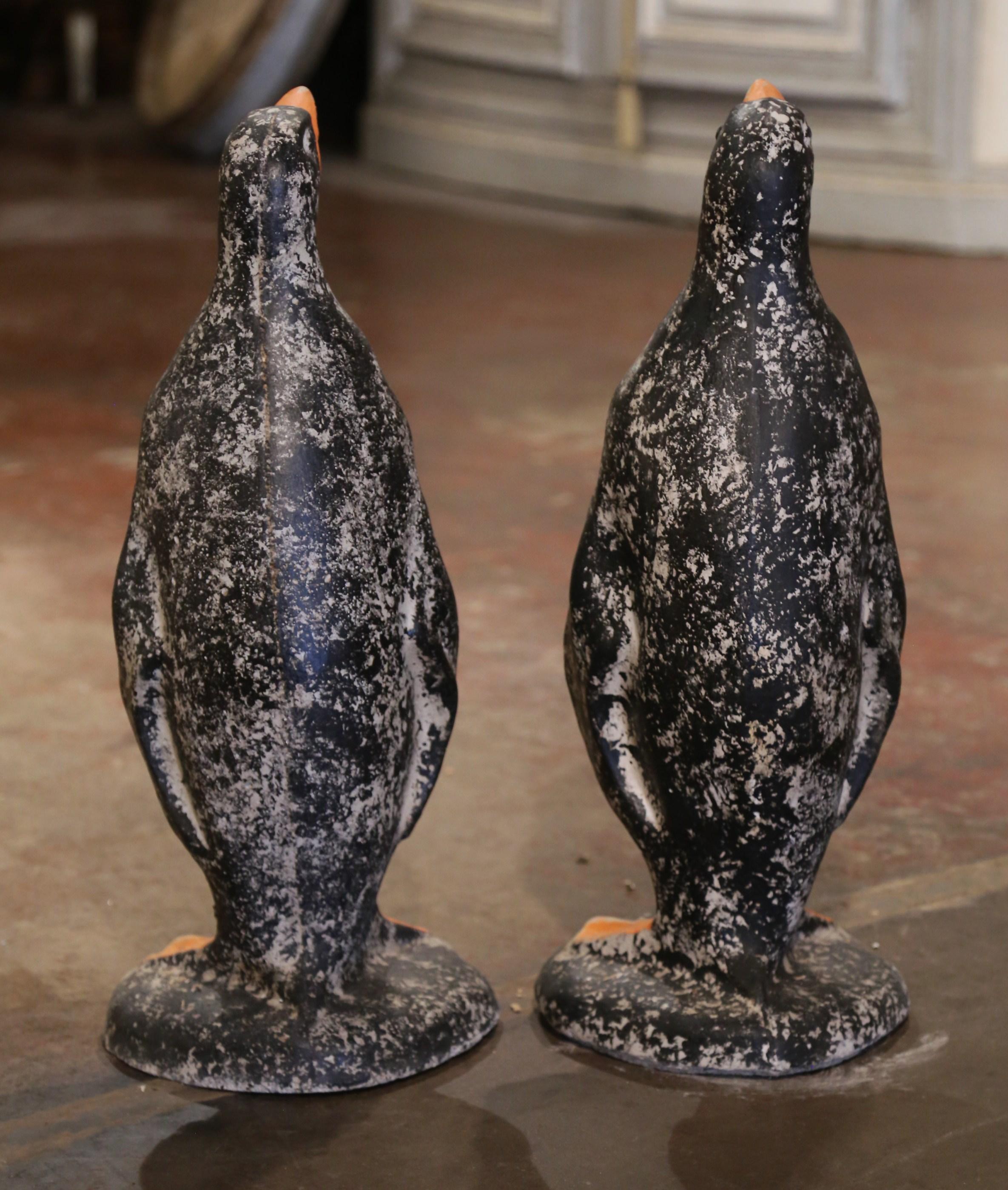 Pair of Mid-Century French Outdoor Weathered Painted Stone Penguin Sculptures 2