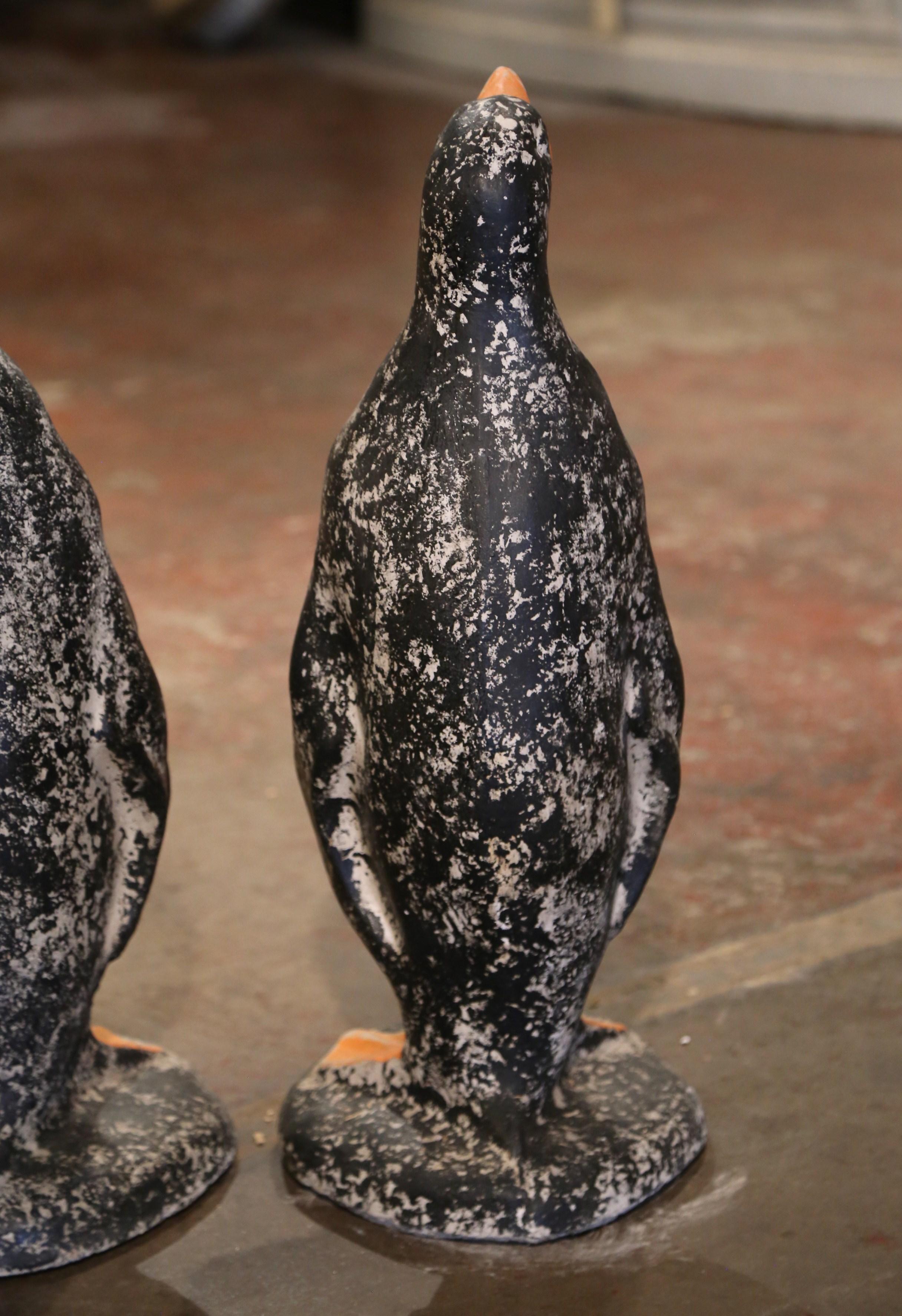 Pair of Mid-Century French Outdoor Weathered Painted Stone Penguin Sculptures 3