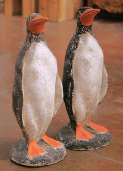 Pair of Mid-Century French Outdoor Weathered Painted Stone Penguin Sculptures