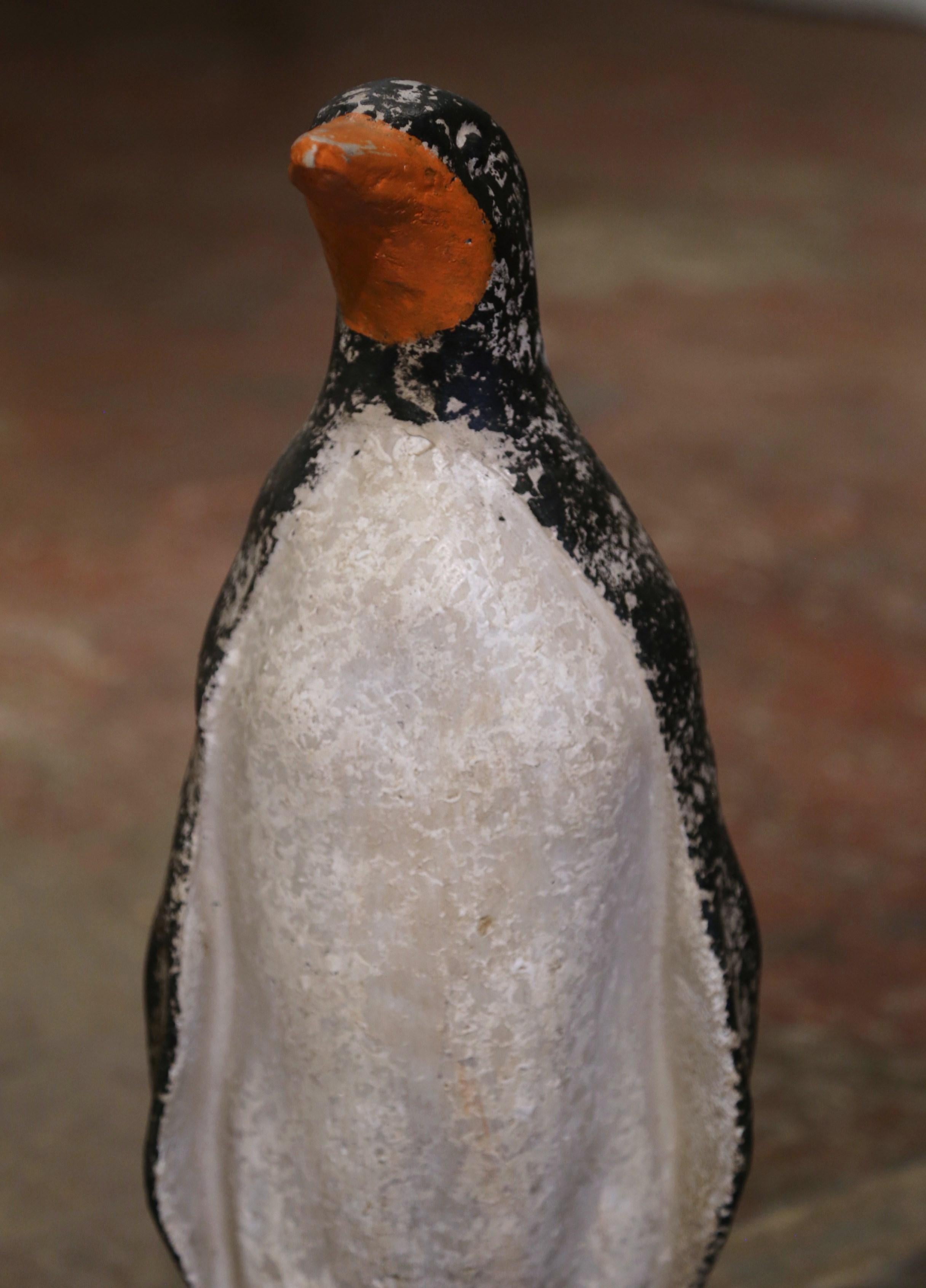 Hand-Carved Pair of Mid-Century French Outdoor Weathered Painted Stone Penguin Sculptures