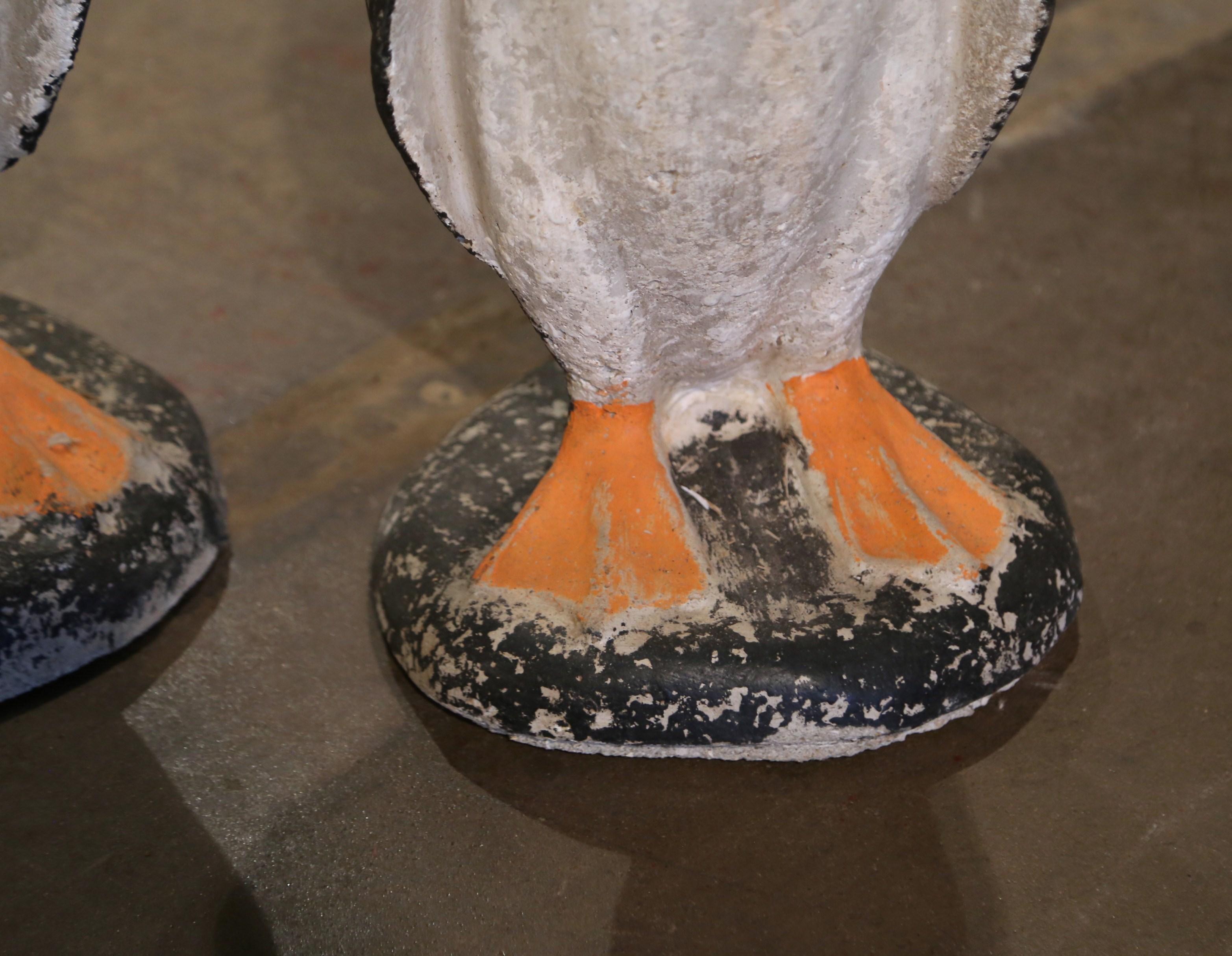 Pair of Mid-Century French Outdoor Weathered Painted Stone Penguin Sculptures In Excellent Condition In Dallas, TX