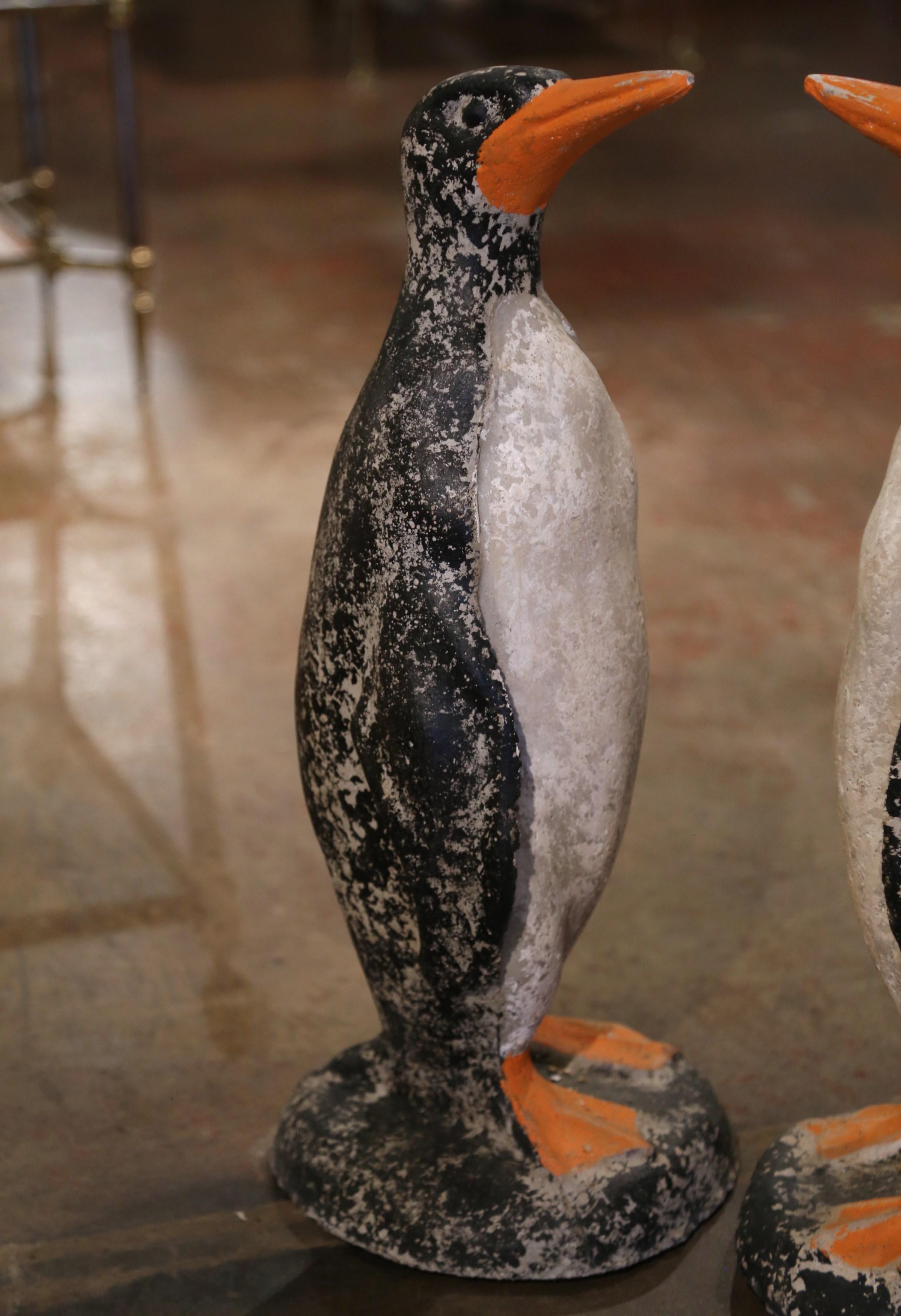 20th Century Pair of Mid-Century French Outdoor Weathered Painted Stone Penguin Sculptures
