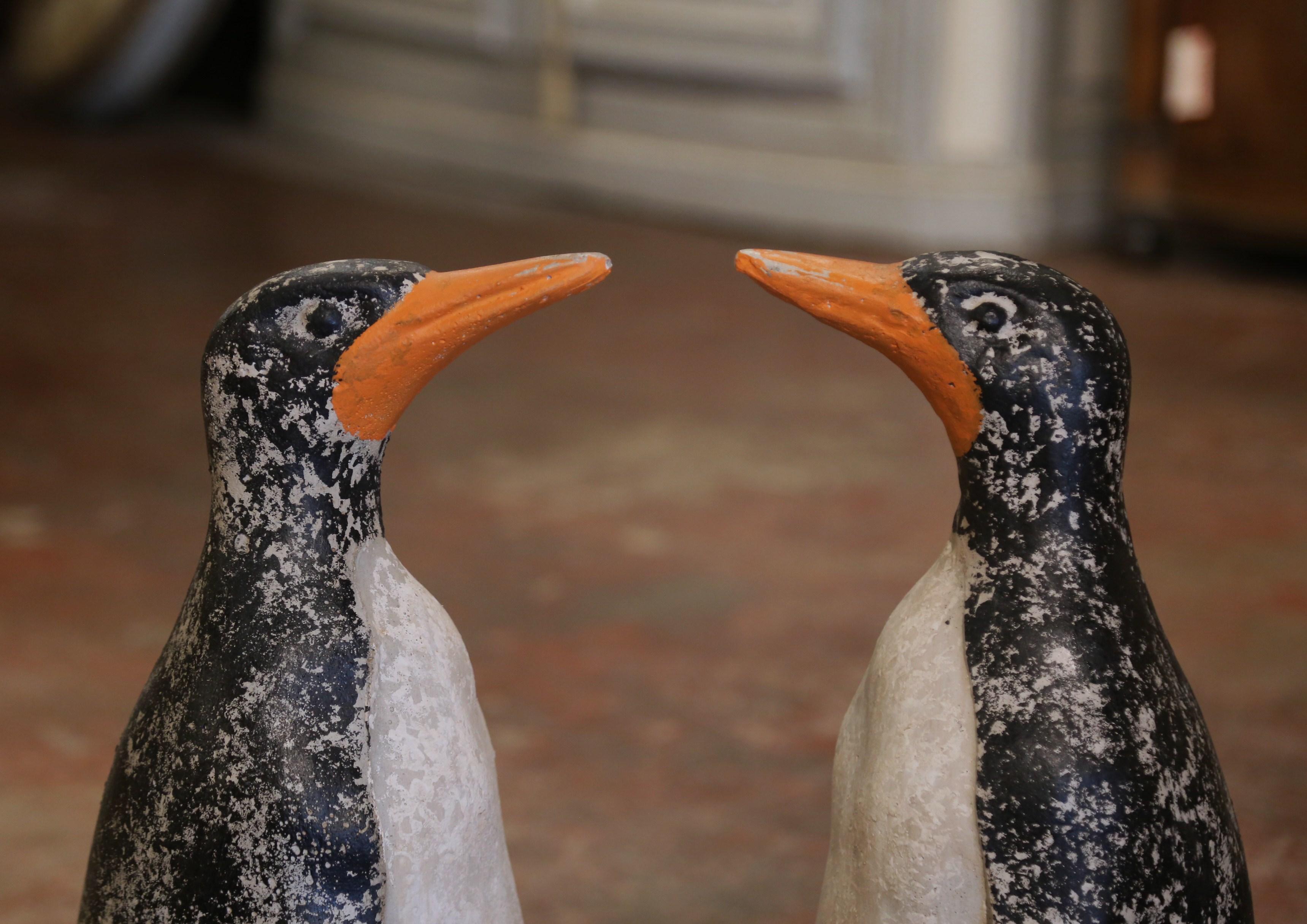 Cast Stone Pair of Mid-Century French Outdoor Weathered Painted Stone Penguin Sculptures