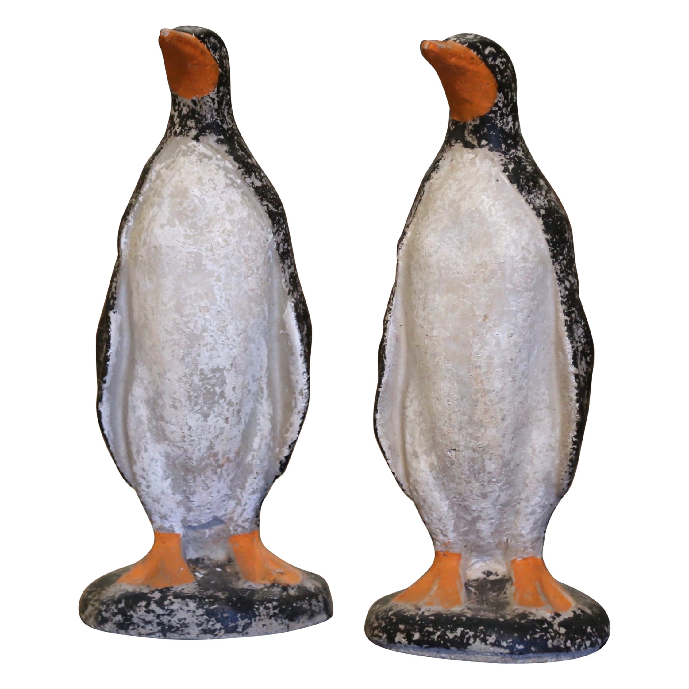 Pair of Mid-Century French Outdoor Weathered Painted Stone Penguin Sculptures