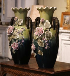 Pair of Mid-Century French Painted Ceramic Barbotine Vases with Floral Motifs