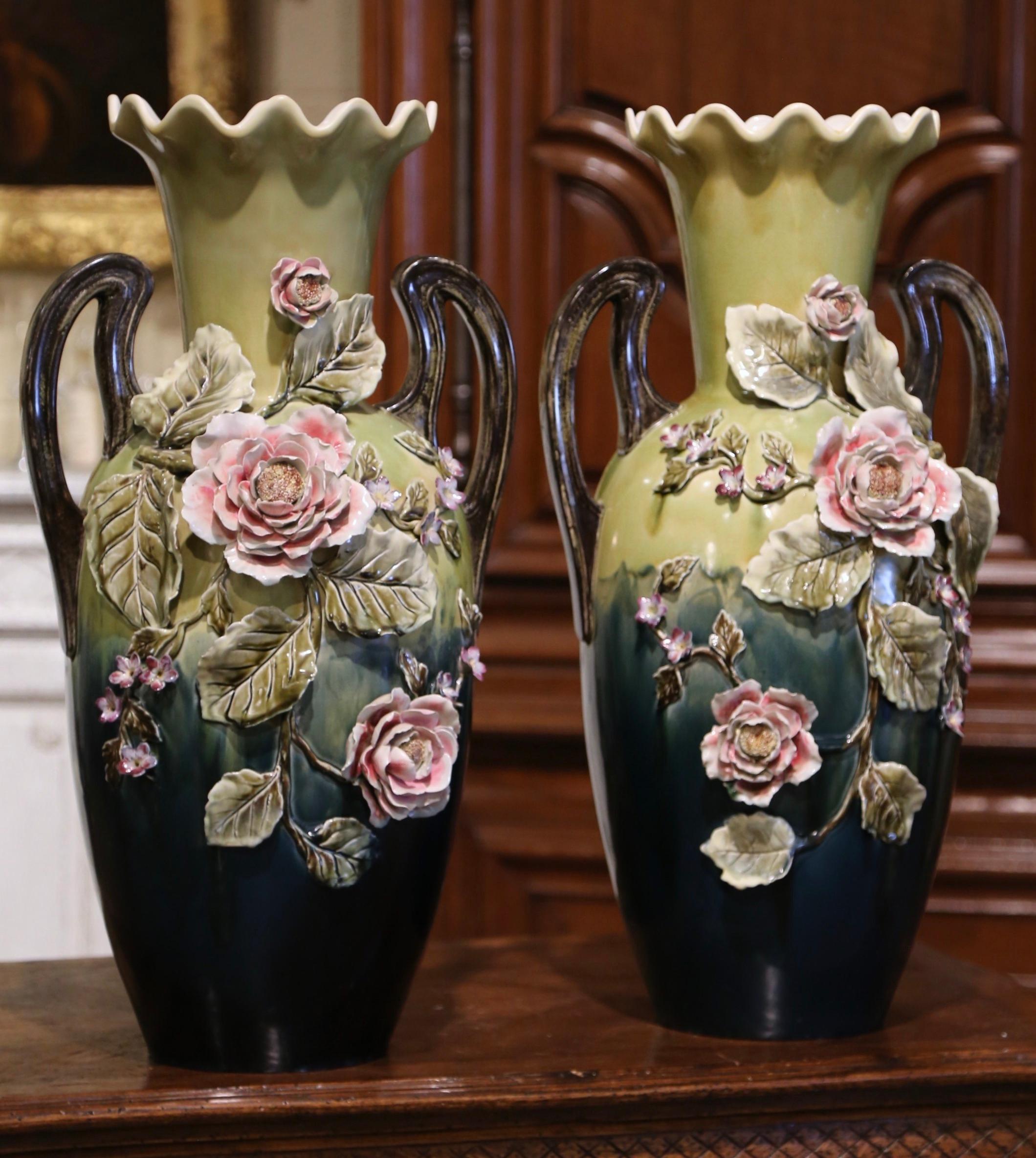 Hand-Crafted Pair of Mid-Century French Painted Ceramic Barbotine Vases with Floral Motifs For Sale