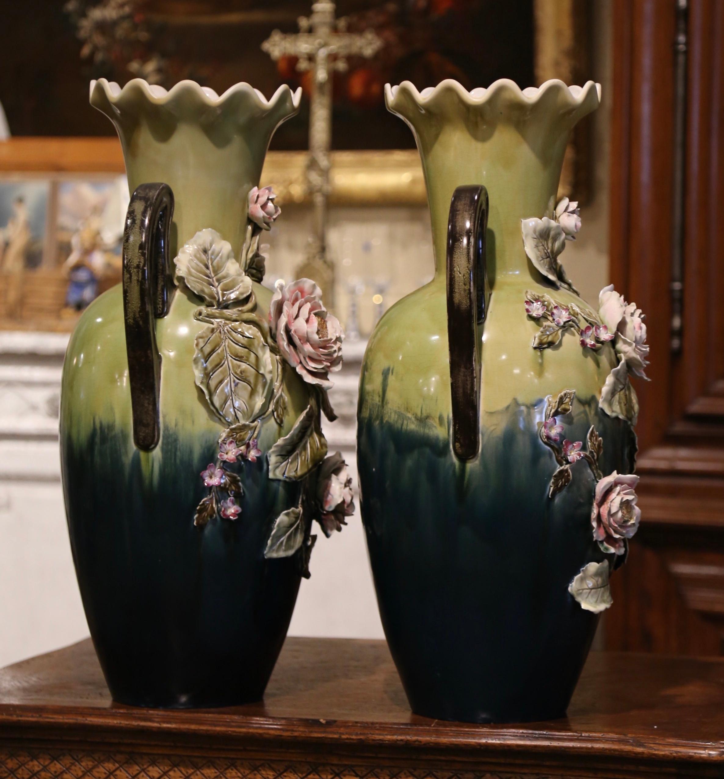 Pair of Mid-Century French Painted Ceramic Barbotine Vases with Floral Motifs For Sale 1
