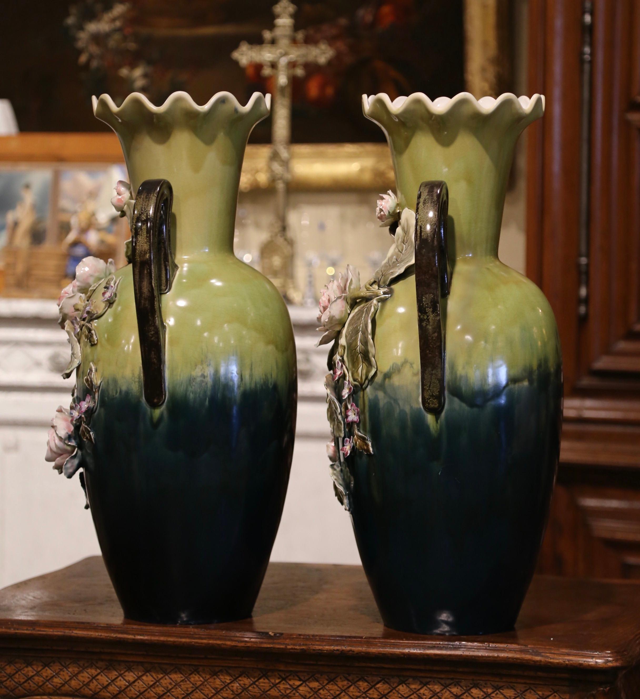 Pair of Mid-Century French Painted Ceramic Barbotine Vases with Floral Motifs For Sale 2