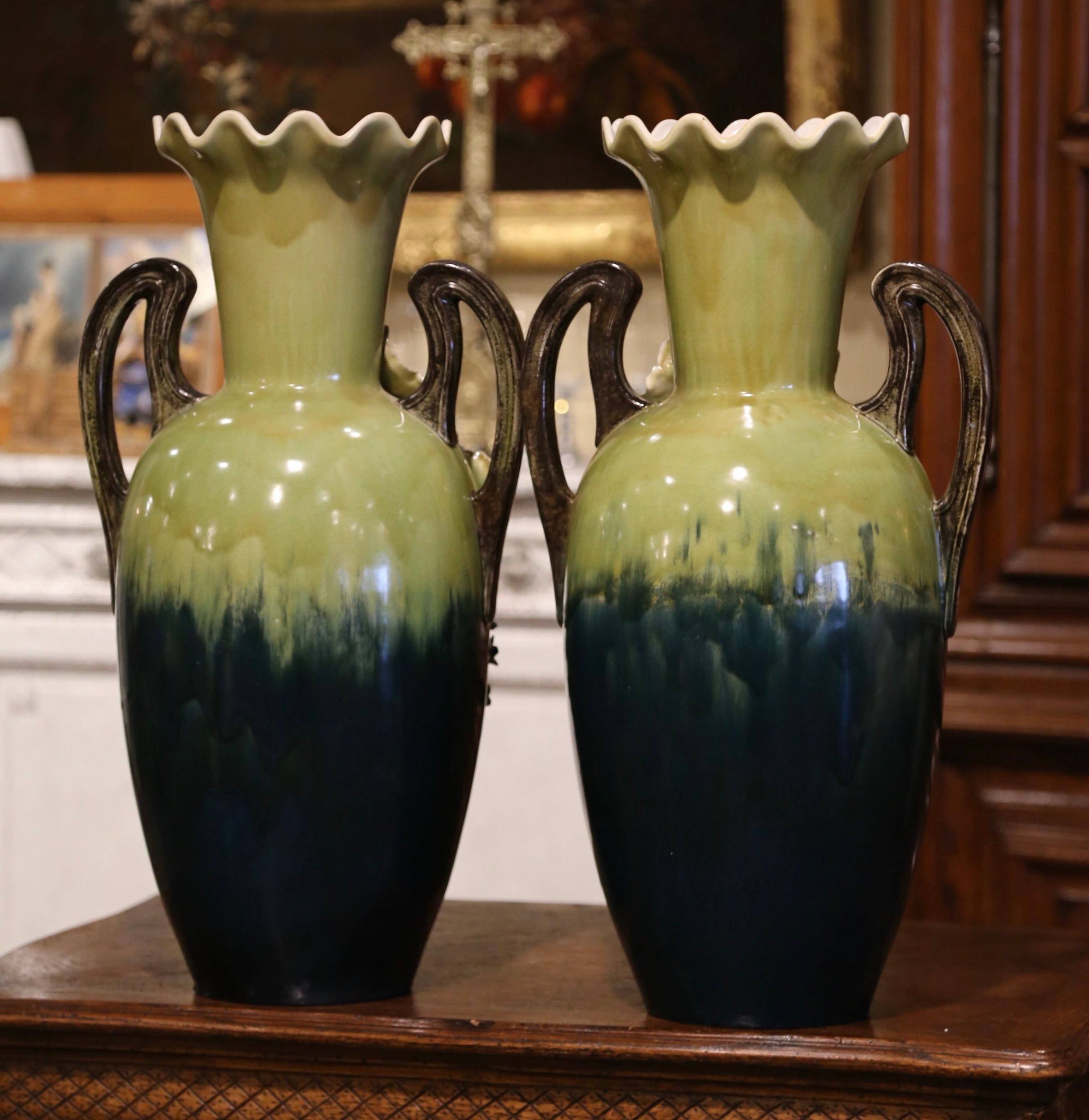Pair of Mid-Century French Painted Ceramic Barbotine Vases with Floral Motifs For Sale 3