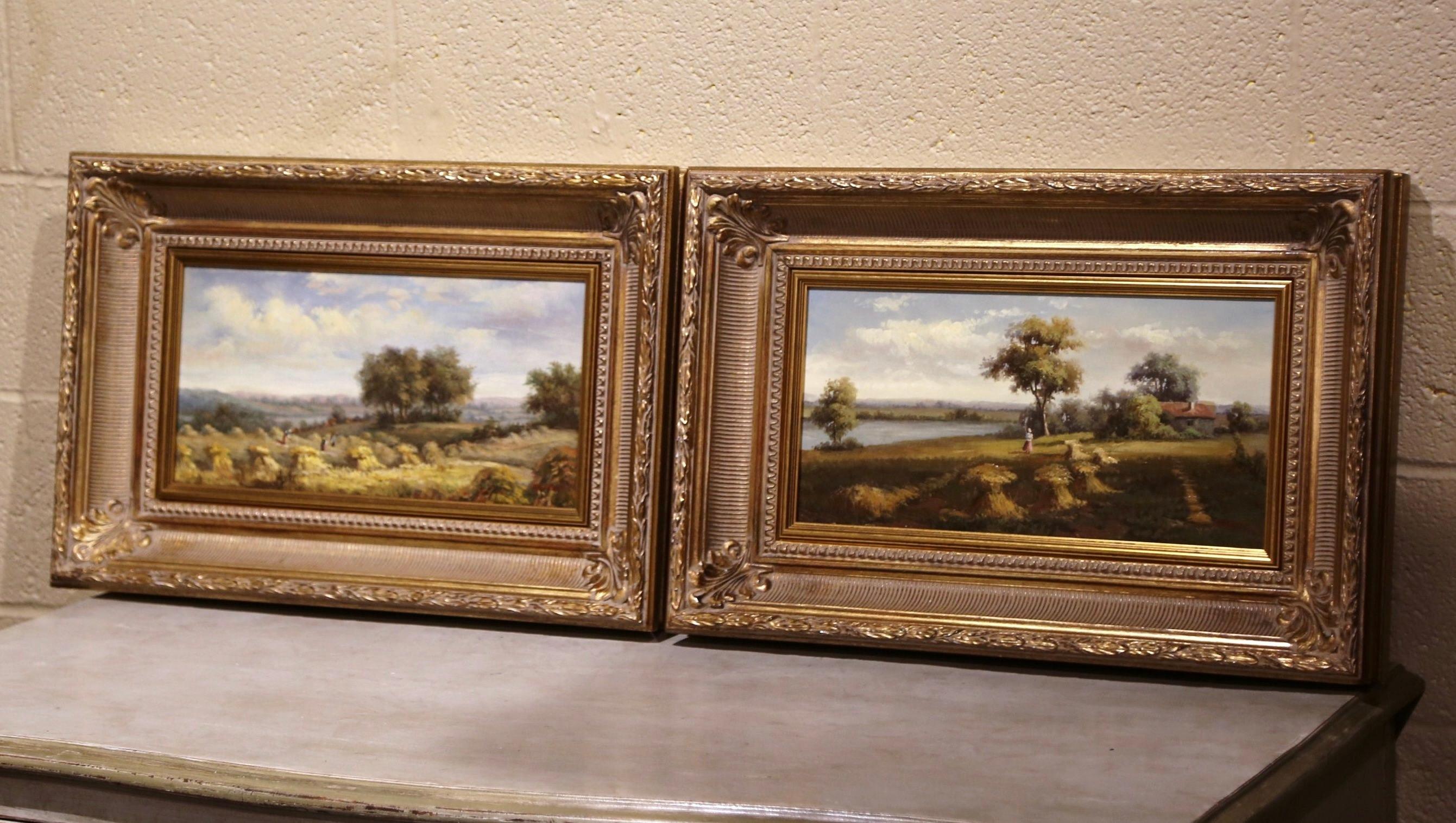 Decorate a living room or office with this elegant pair of antique paintings. Created in France circa 1950, both colorful art work are set in a carved giltwood frame. Each composition depicts a traditional pastoral scene with farmers at work,