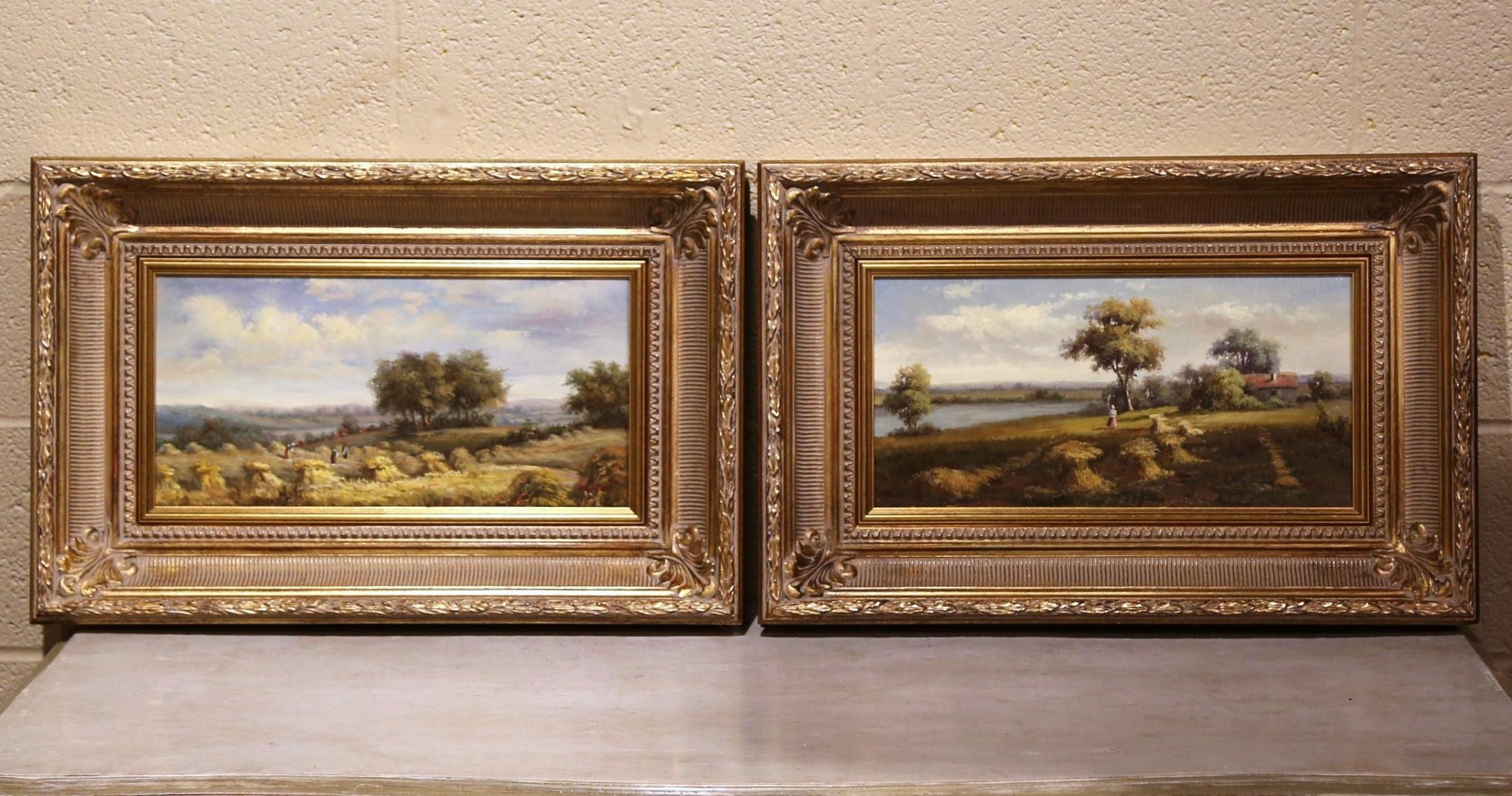 English Pair of Midcentury French Pastoral Oil on Canvas Paintings in Gilt Frames