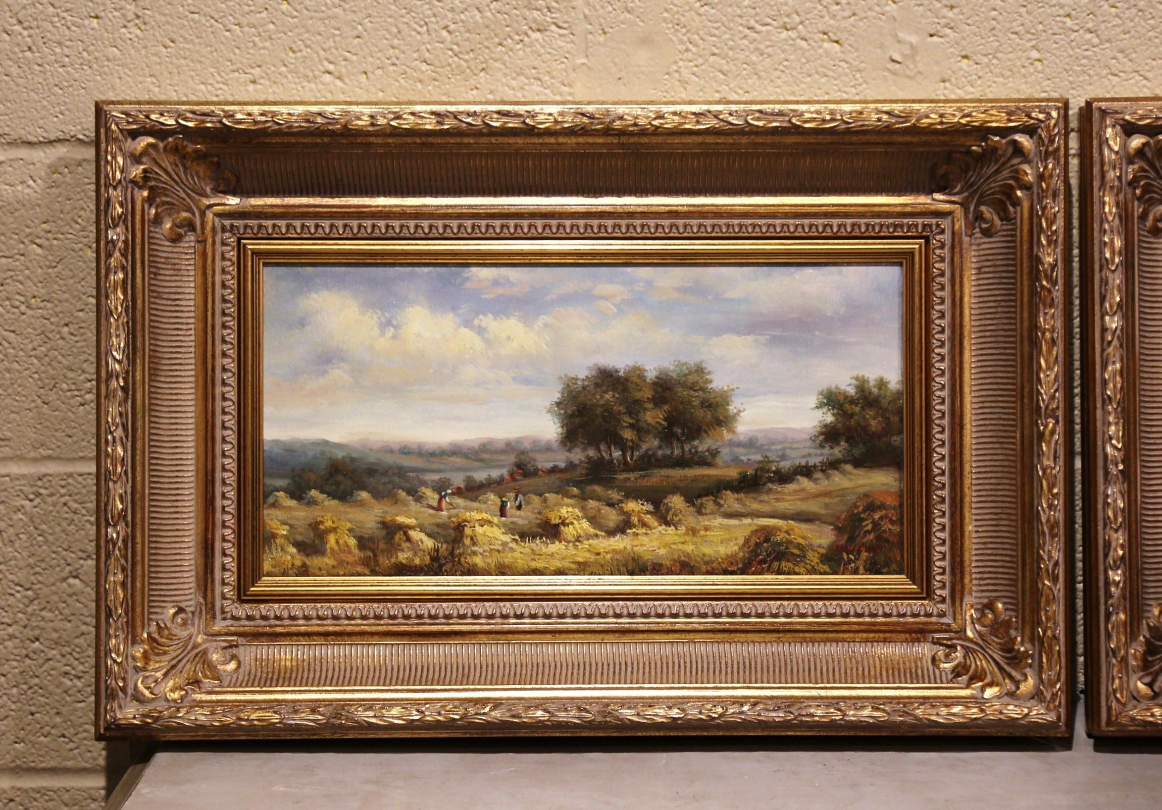 Hand-Carved Pair of Midcentury French Pastoral Oil on Canvas Paintings in Gilt Frames