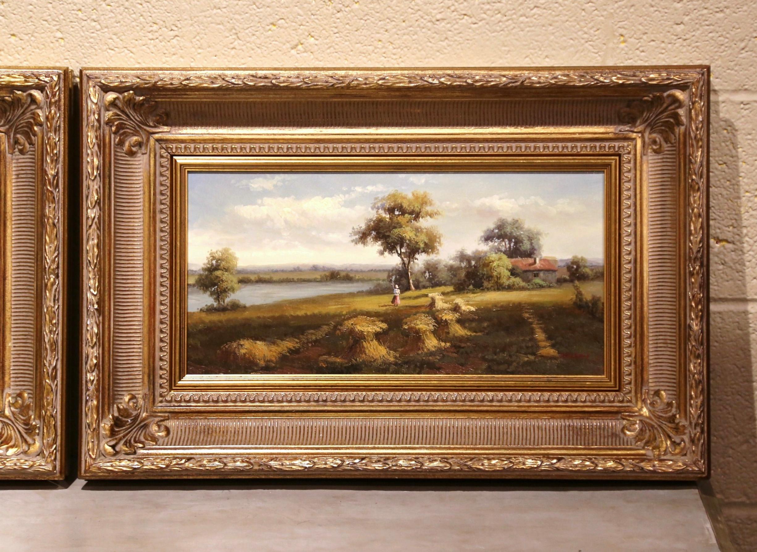 20th Century Pair of Midcentury French Pastoral Oil on Canvas Paintings in Gilt Frames