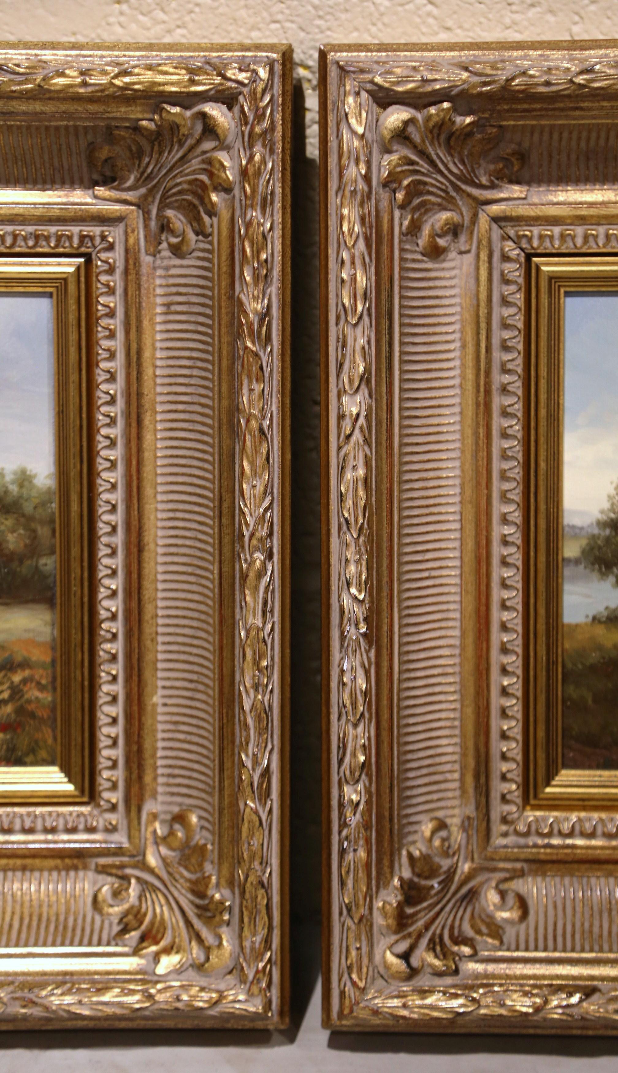 Pair of Midcentury French Pastoral Oil on Canvas Paintings in Gilt Frames 3