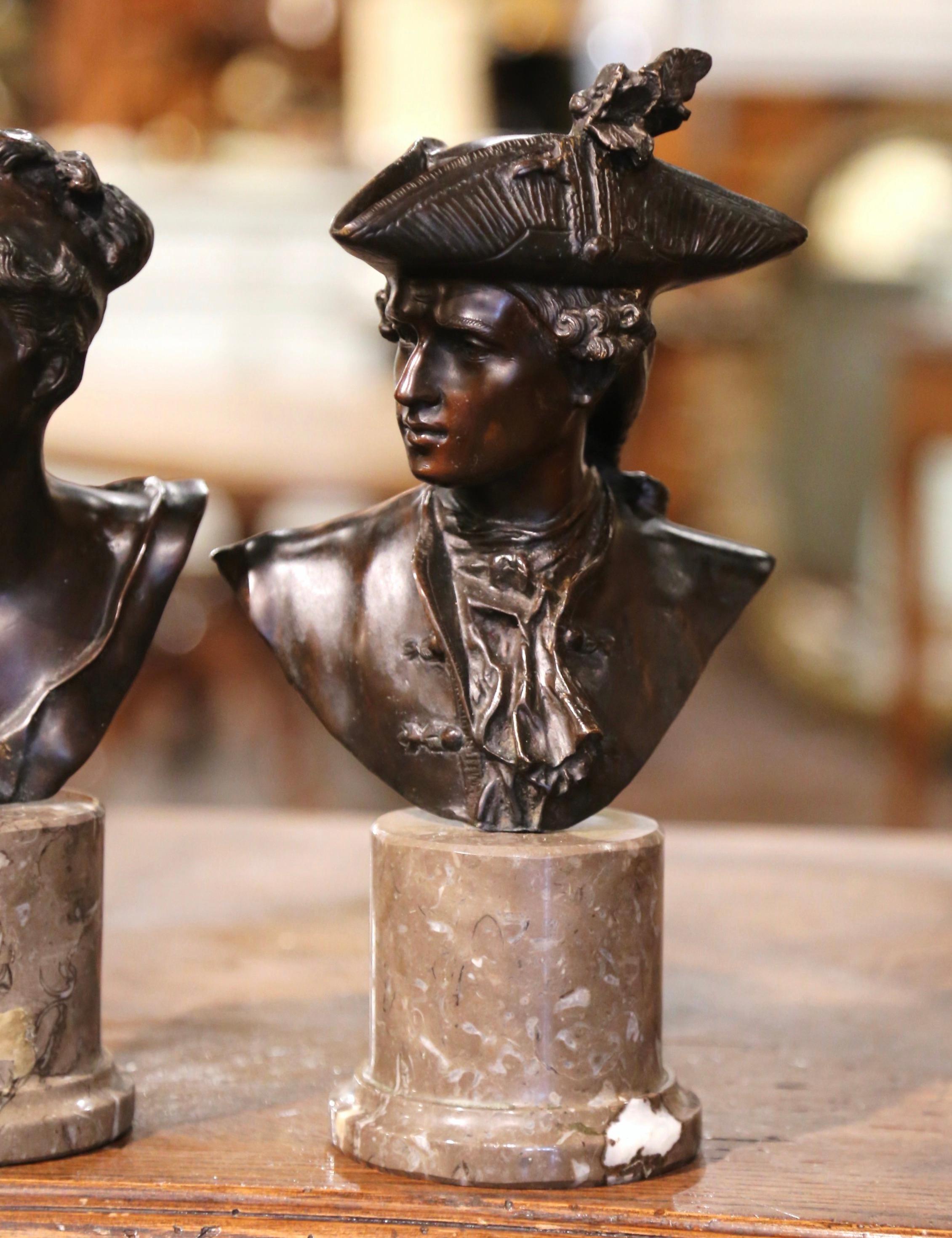 Hand-Carved Pair of Mid-Century French Patinated Bronze Busts on Marble Bases Signed Moreau For Sale
