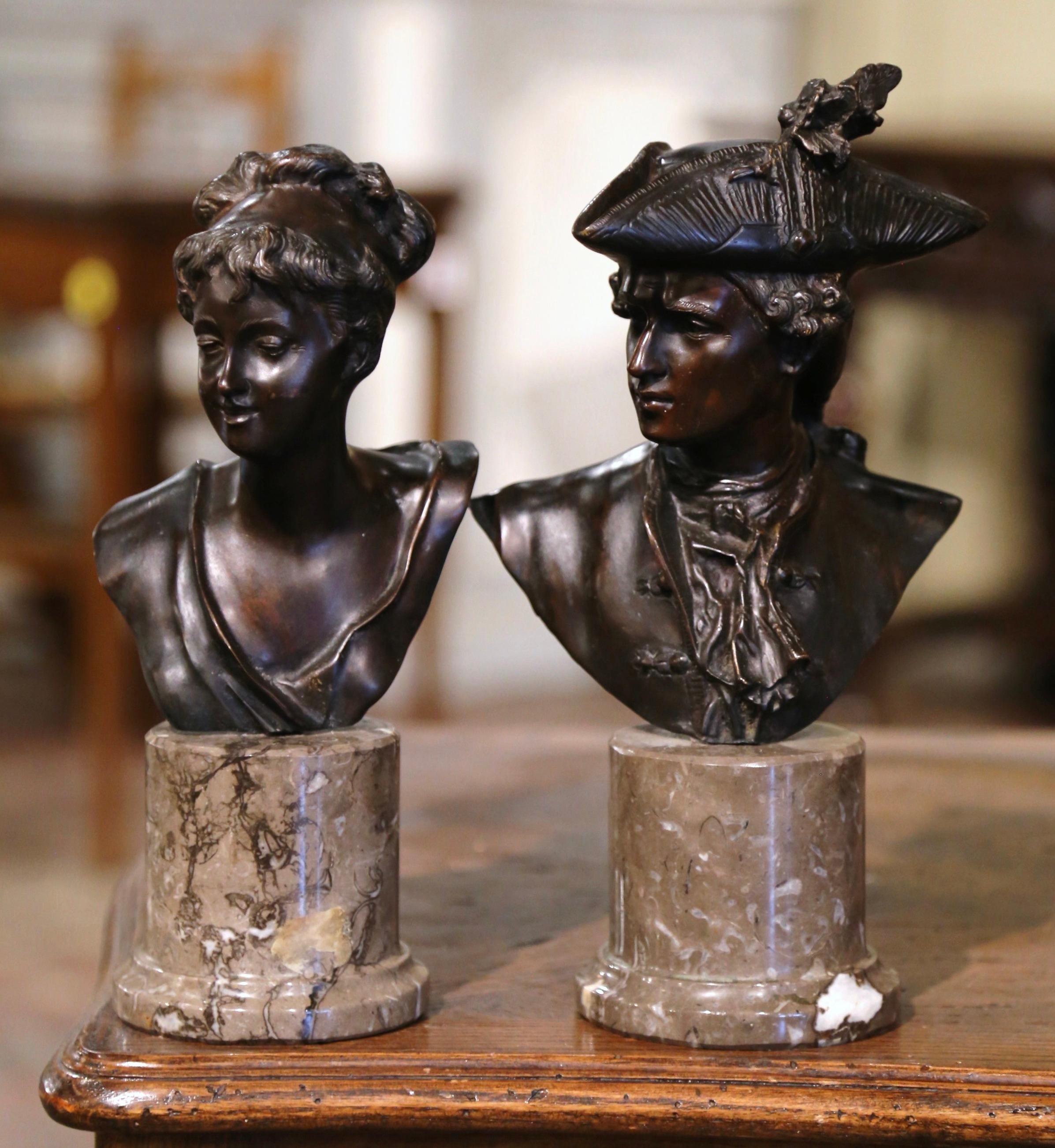 20th Century Pair of Mid-Century French Patinated Bronze Busts on Marble Bases Signed Moreau For Sale