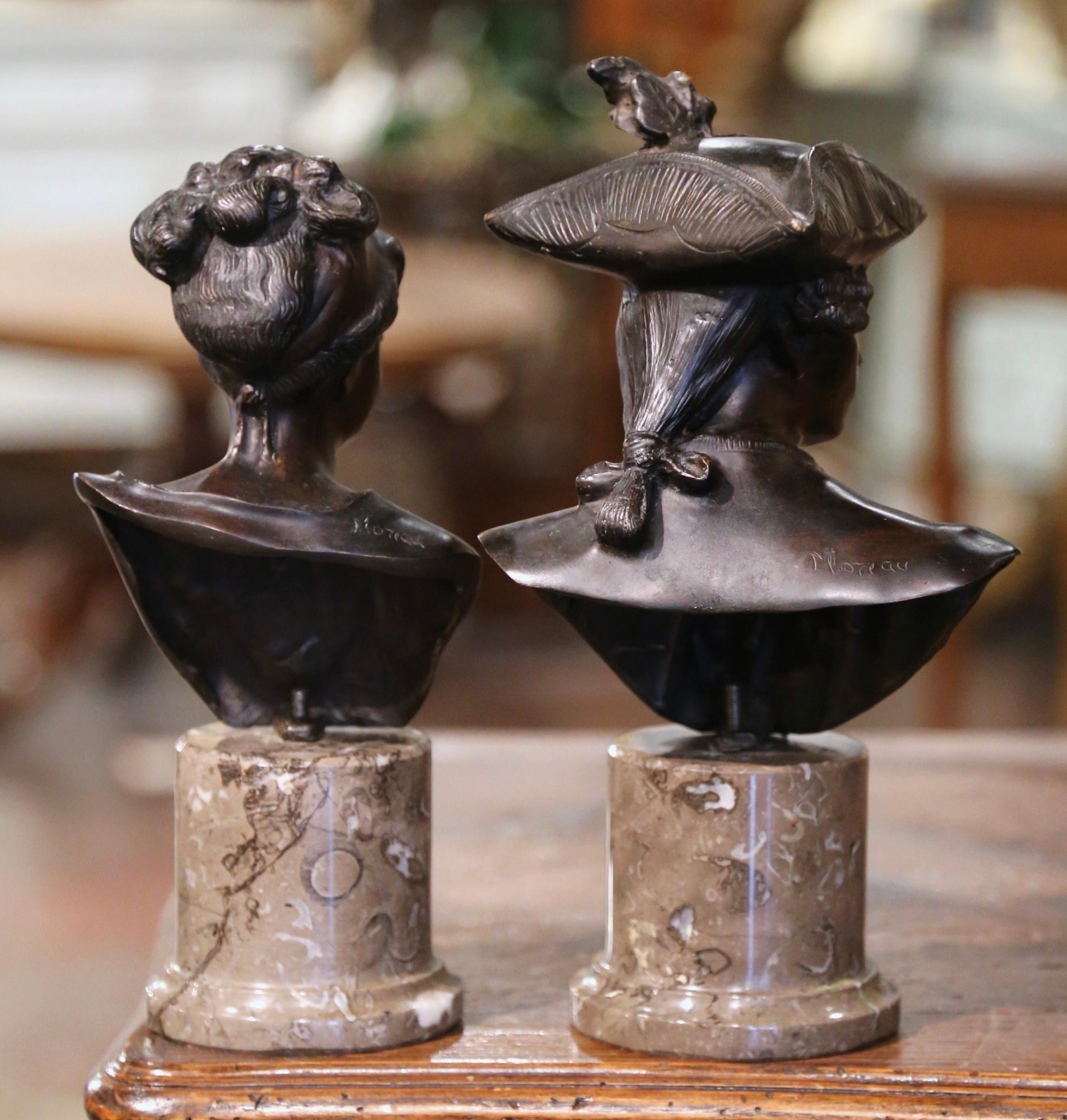 Pair of Mid-Century French Patinated Bronze Busts on Marble Bases Signed Moreau For Sale 1
