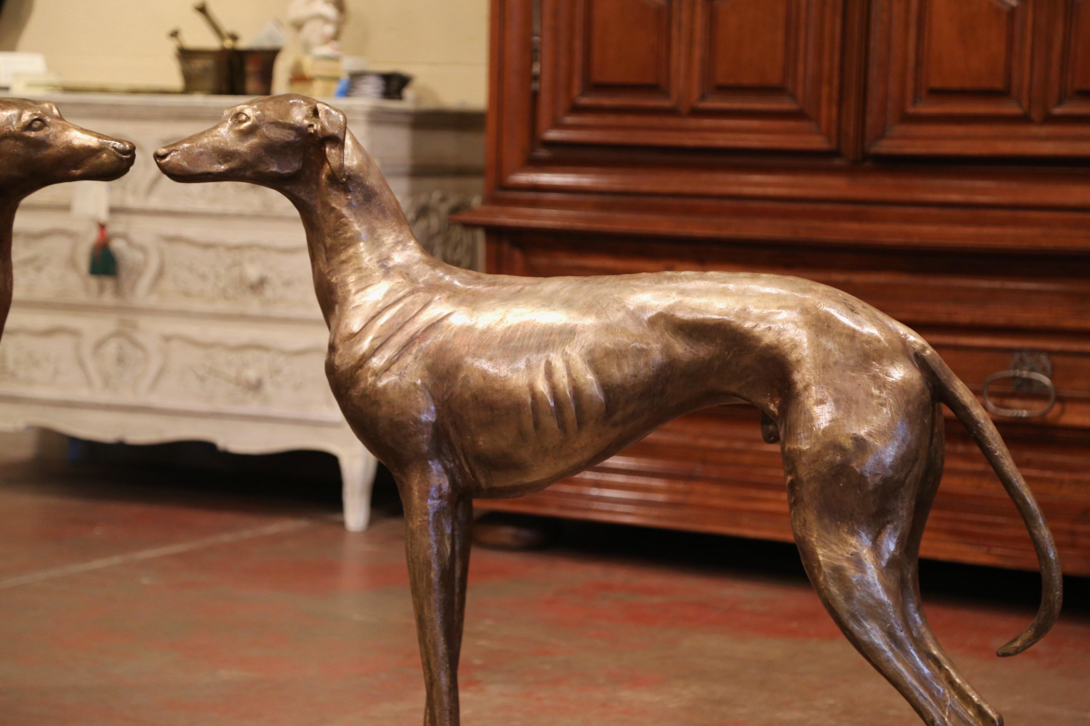 Pair of Midcentury French Patinated Bronze Greyhound Dog Sculptures In Excellent Condition In Dallas, TX