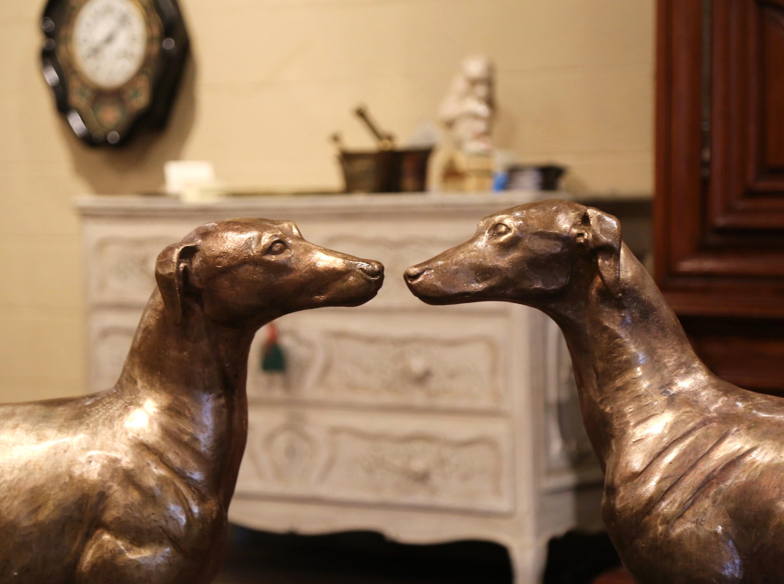 20th Century Pair of Midcentury French Patinated Bronze Greyhound Dog Sculptures