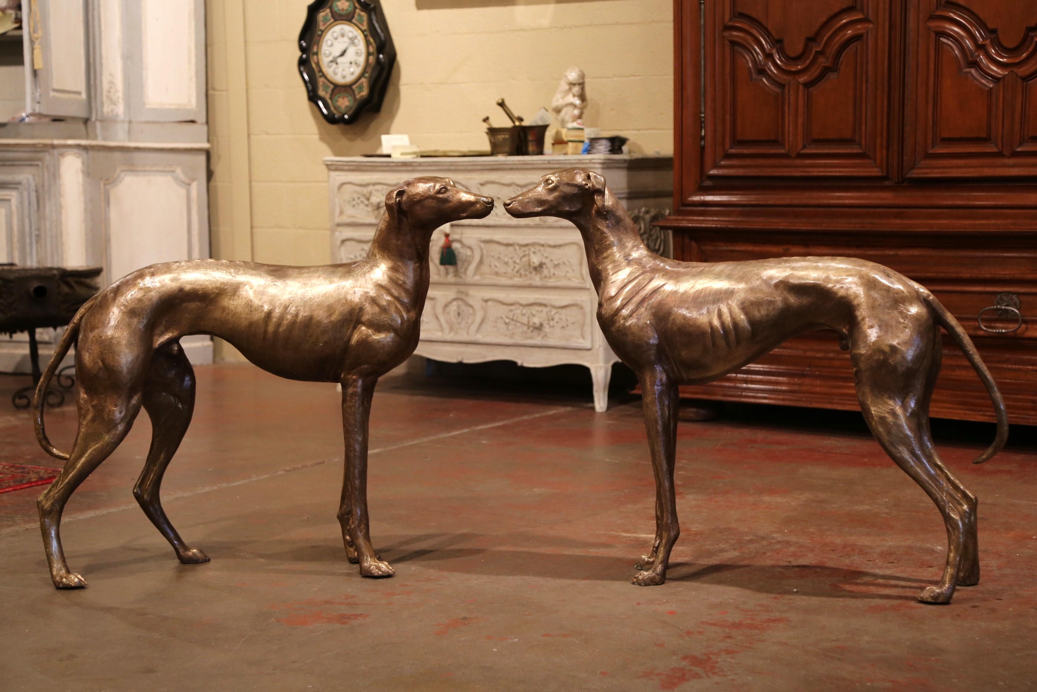 Pair of Midcentury French Patinated Bronze Greyhound Dog Sculptures 1
