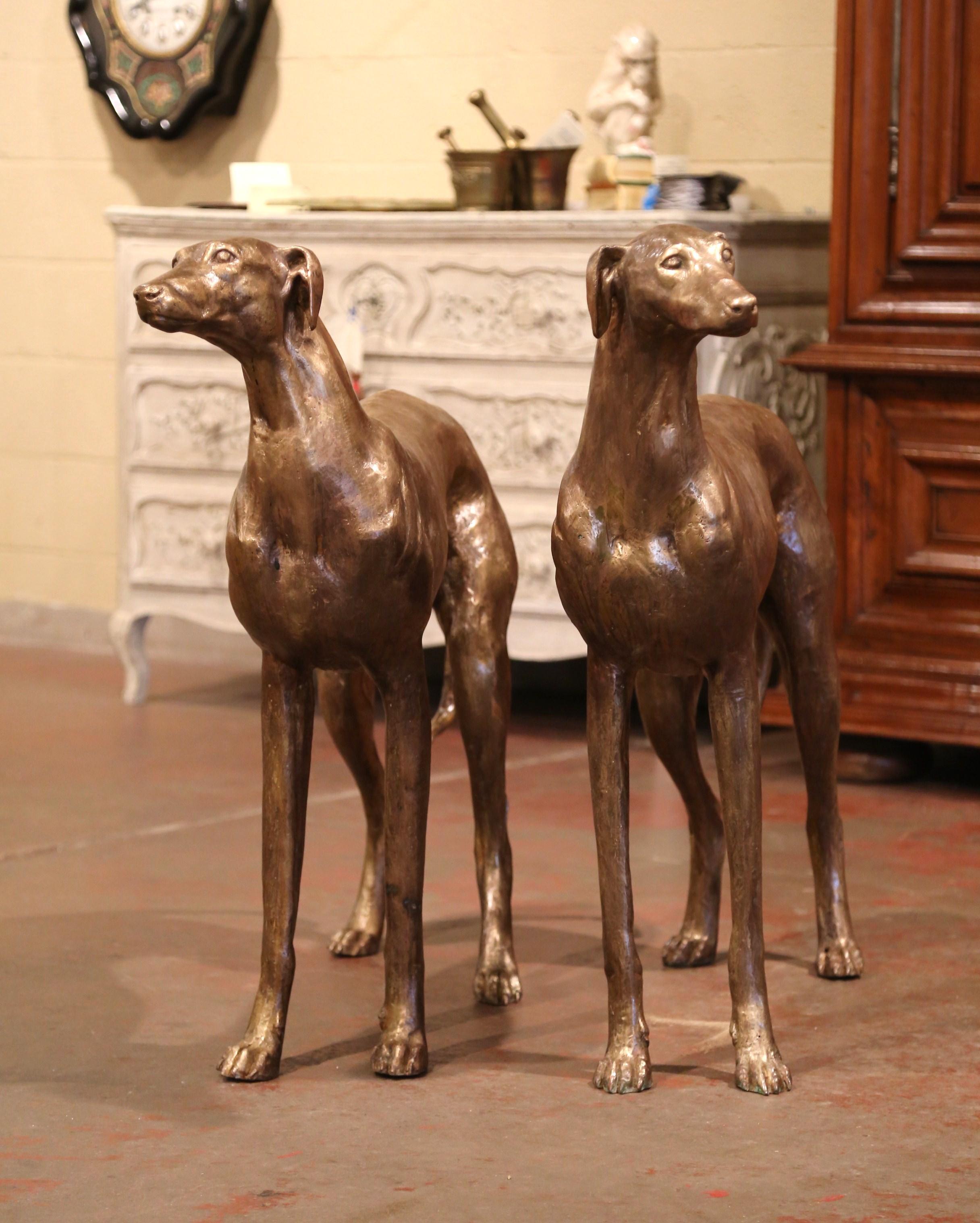 Pair of Midcentury French Patinated Bronze Greyhound Dog Sculptures 2