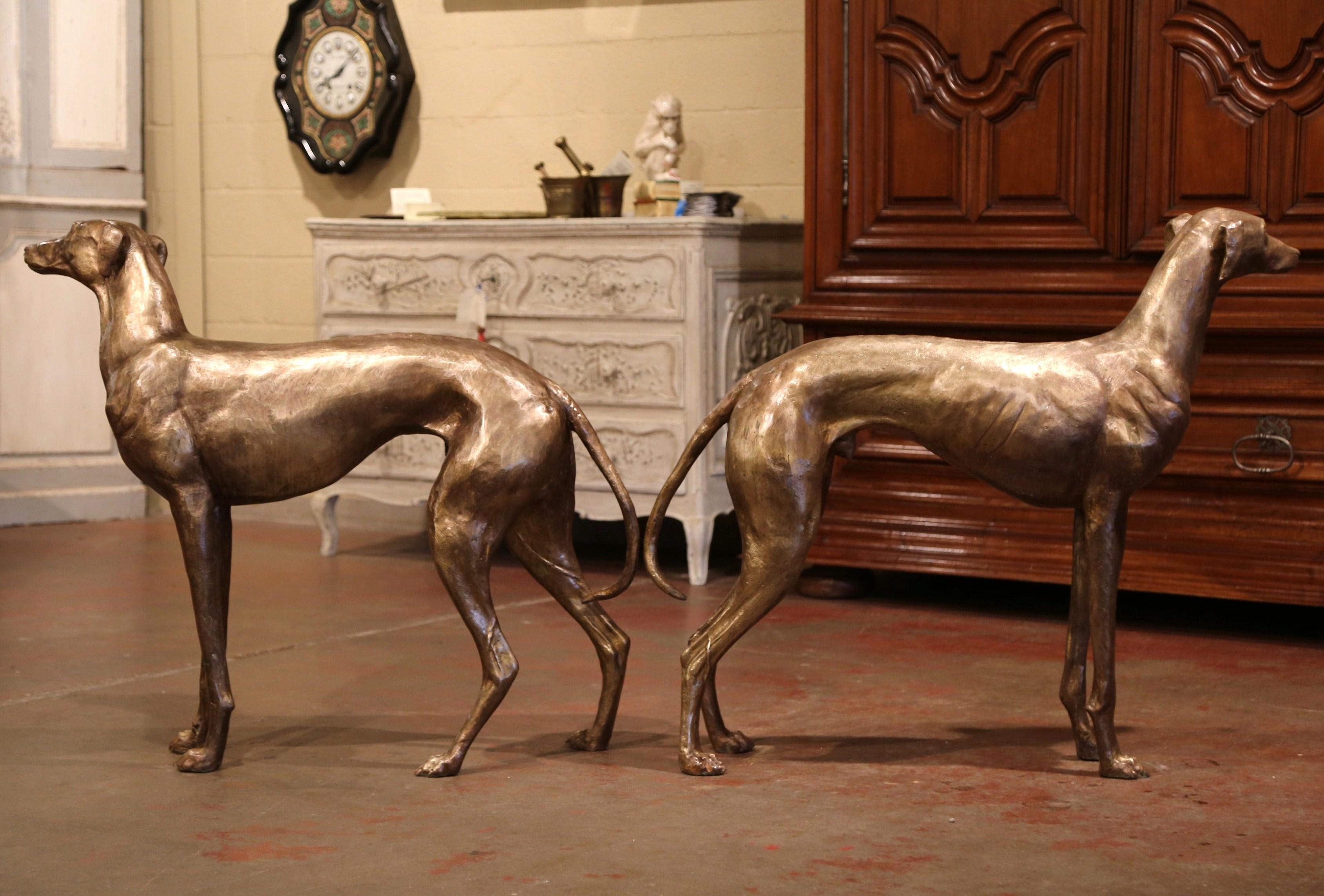 Pair of Midcentury French Patinated Bronze Greyhound Dog Sculptures 3