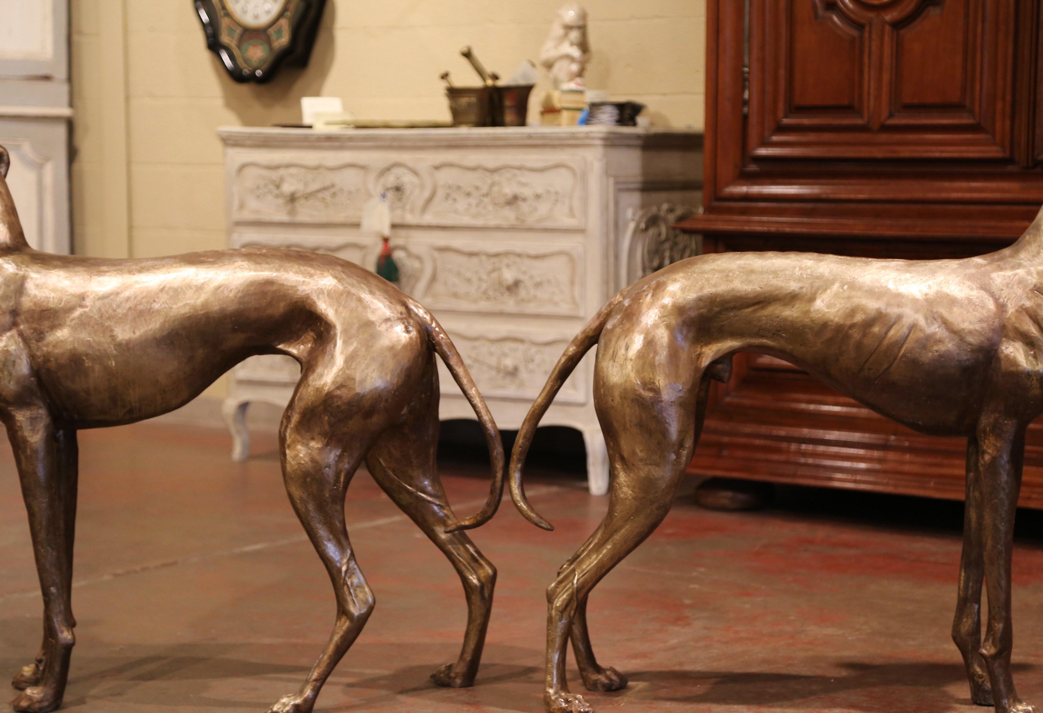Pair of Midcentury French Patinated Bronze Greyhound Dog Sculptures 4