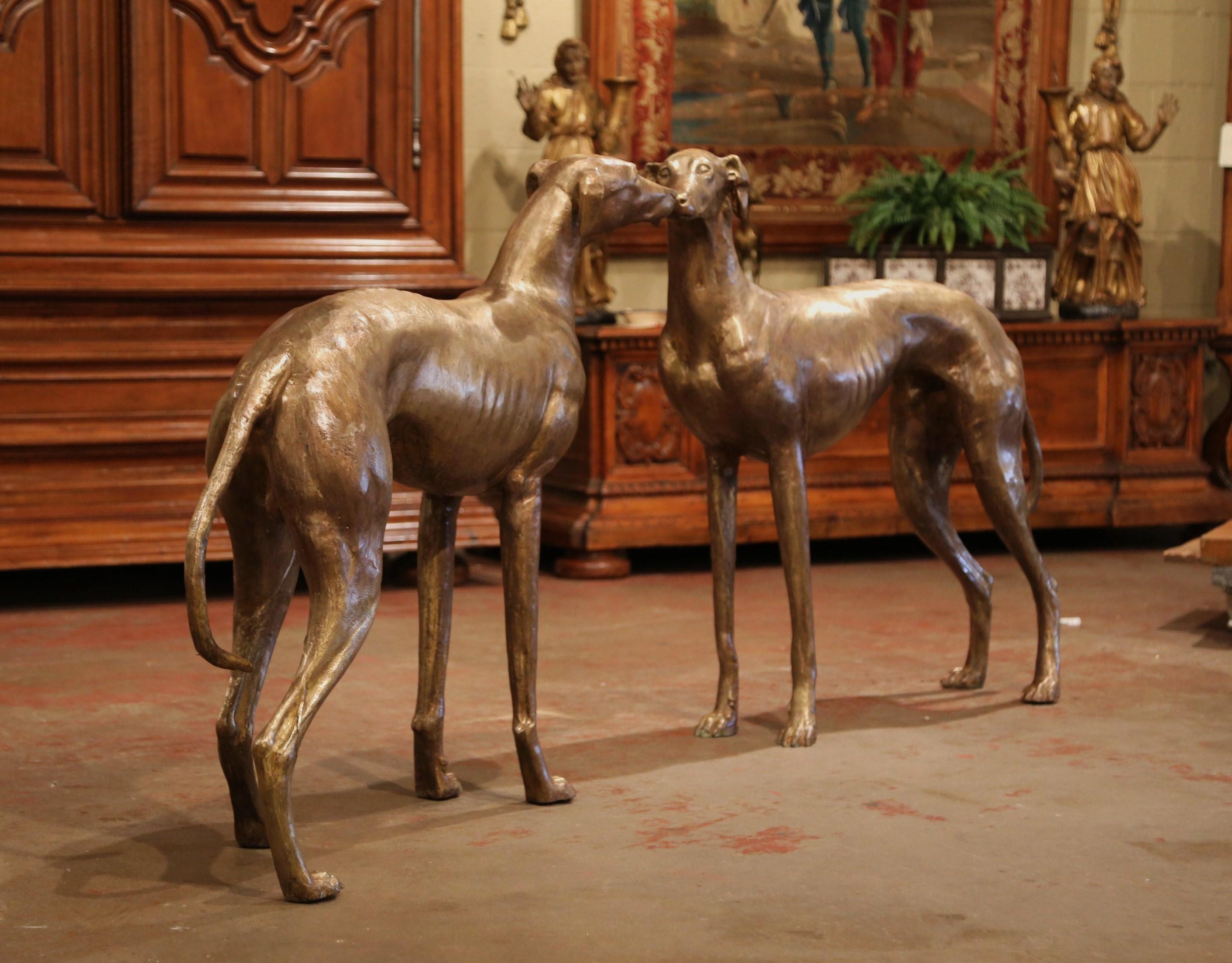 Pair of Midcentury French Patinated Bronze Greyhound Dog Sculptures 5