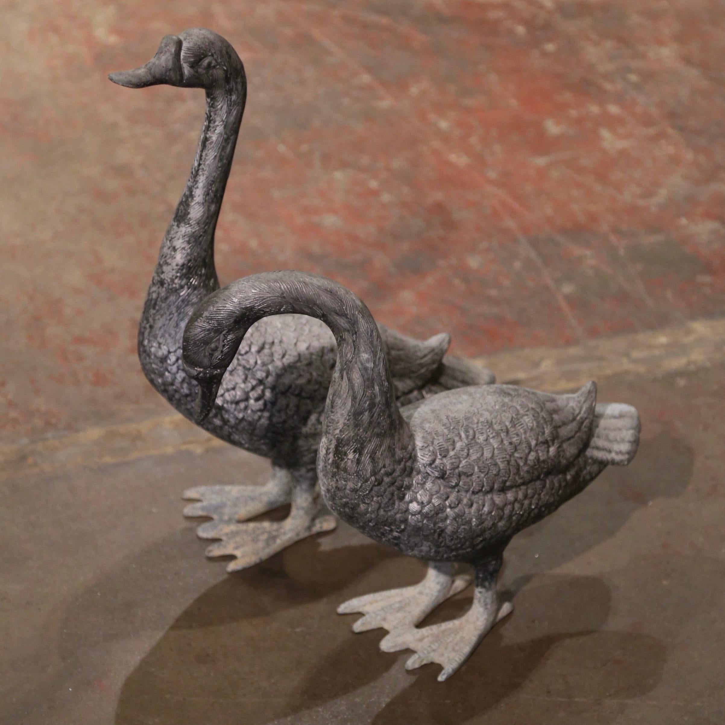 Country Pair of Mid-Century French Patinated Cast Metal Goose Sculptures 