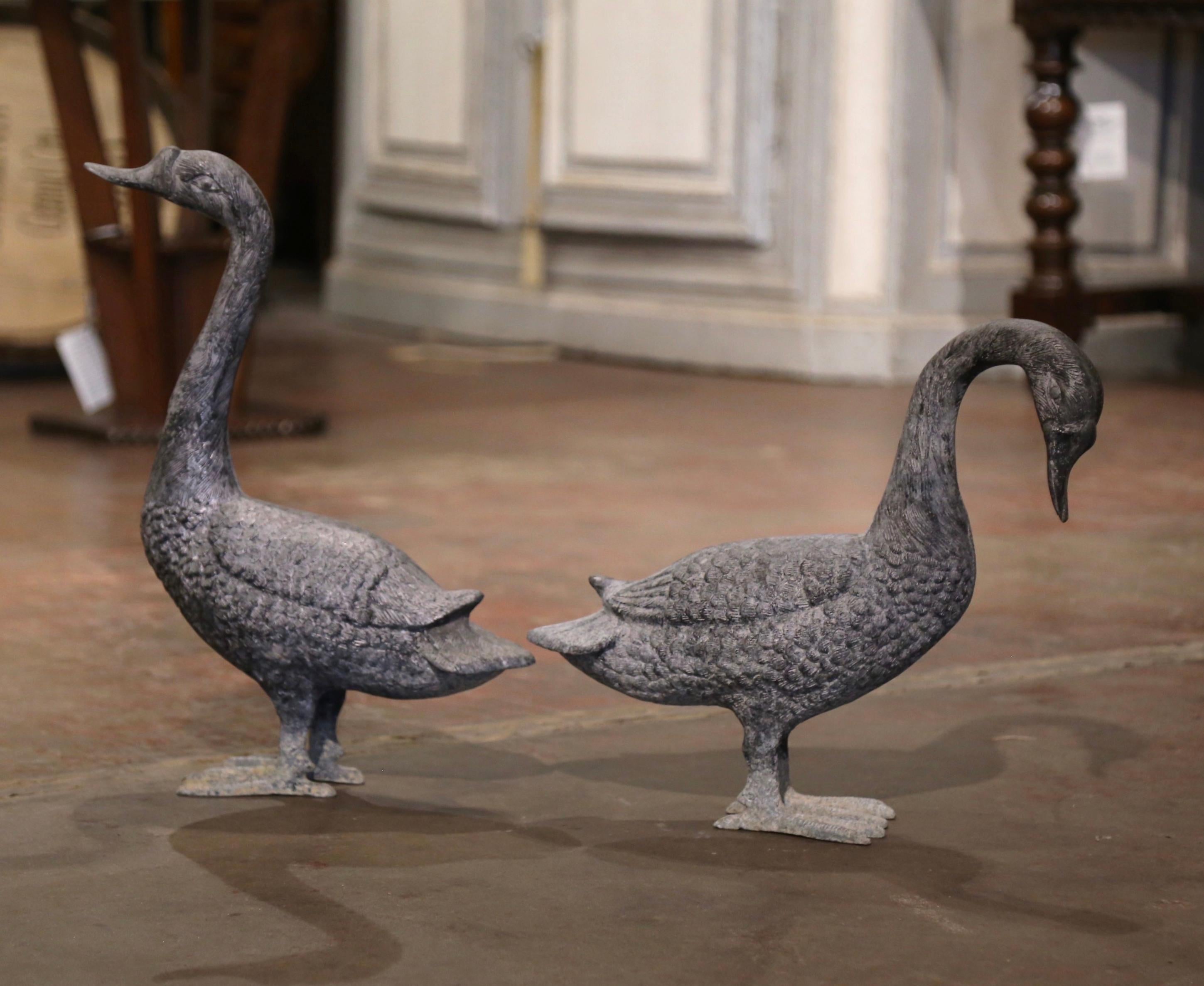 Hand-Crafted Pair of Mid-Century French Patinated Cast Metal Goose Sculptures 