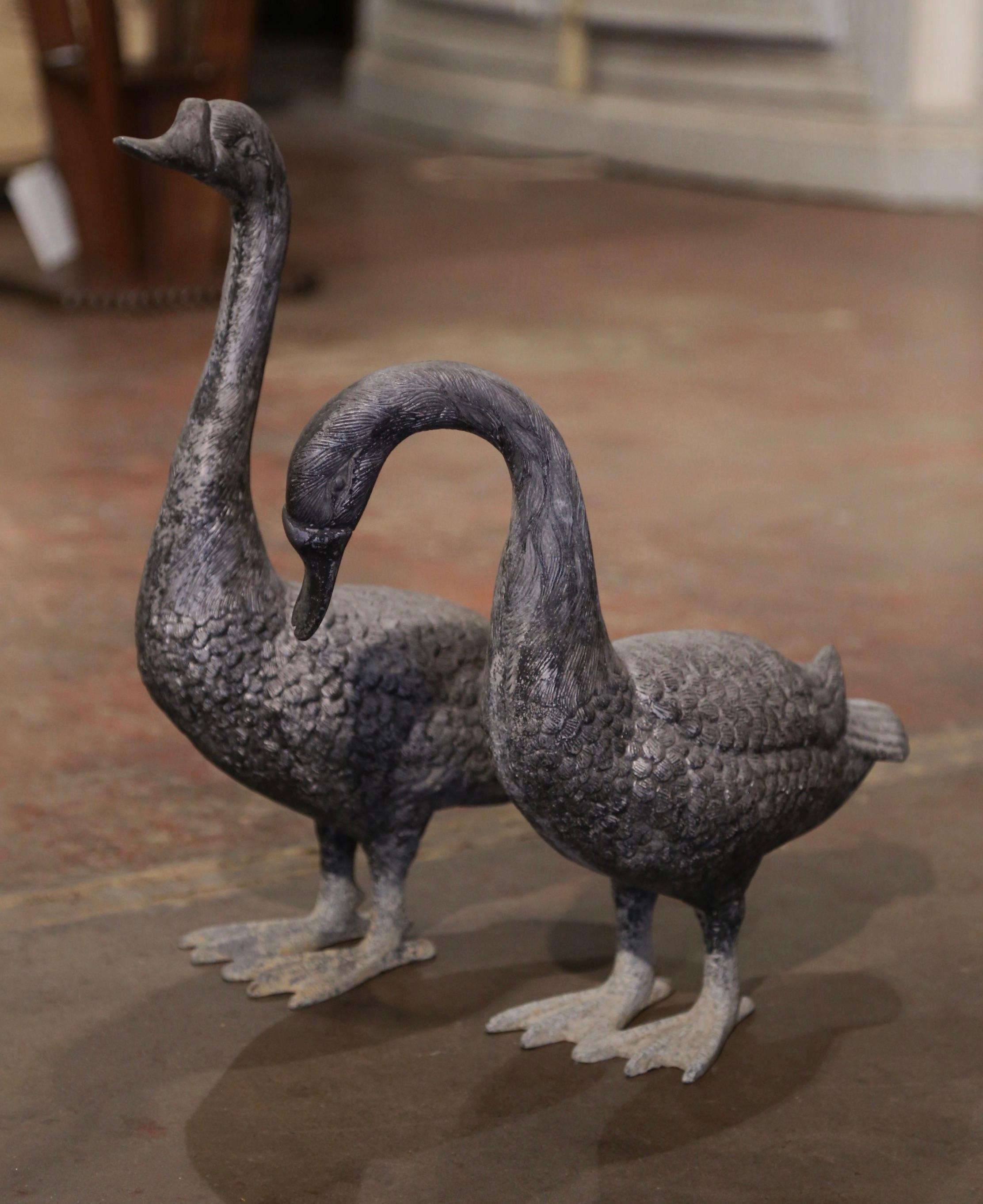 Pair of Mid-Century French Patinated Cast Metal Goose Sculptures  In Excellent Condition For Sale In Dallas, TX