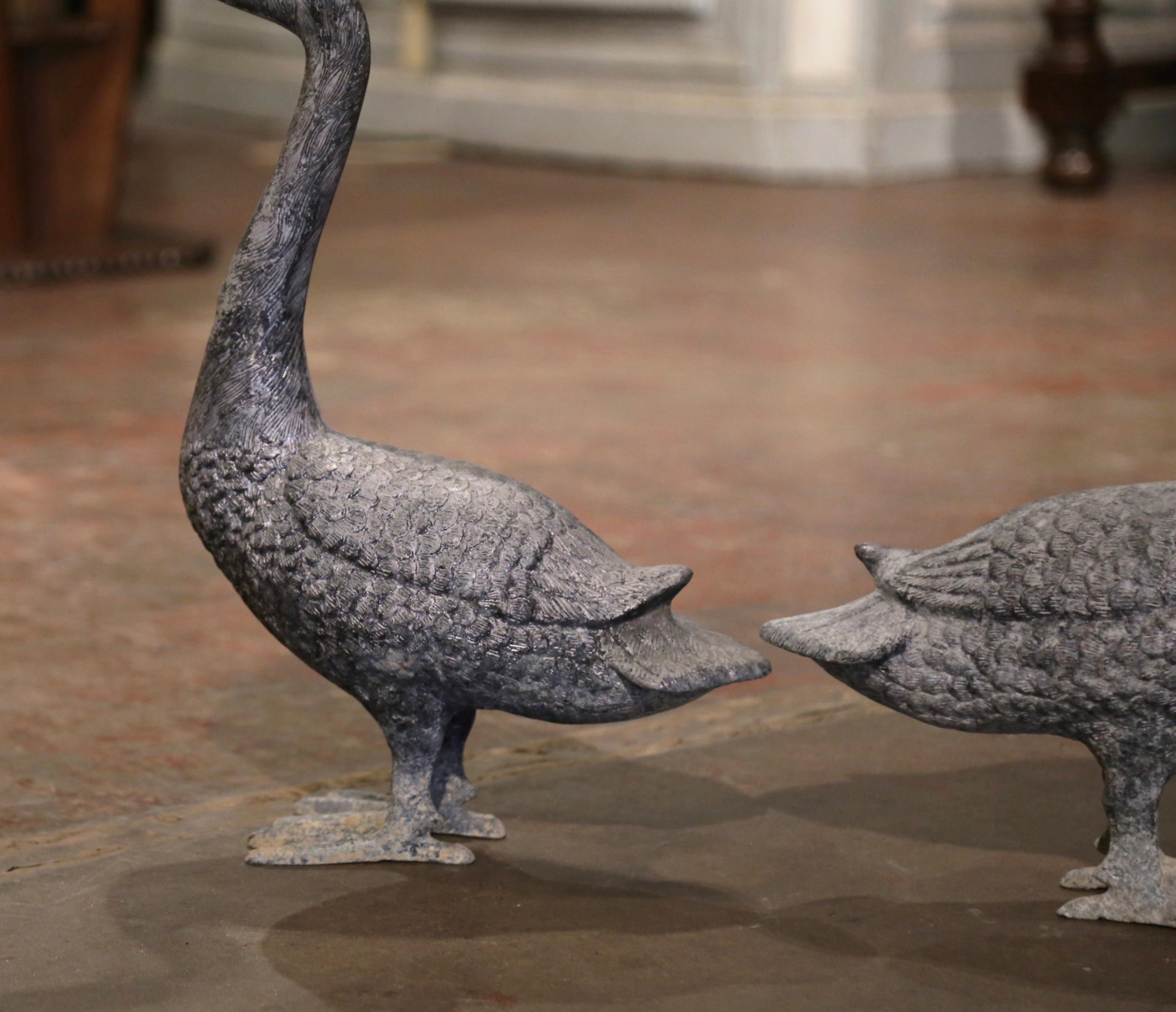 20th Century Pair of Mid-Century French Patinated Cast Metal Goose Sculptures 