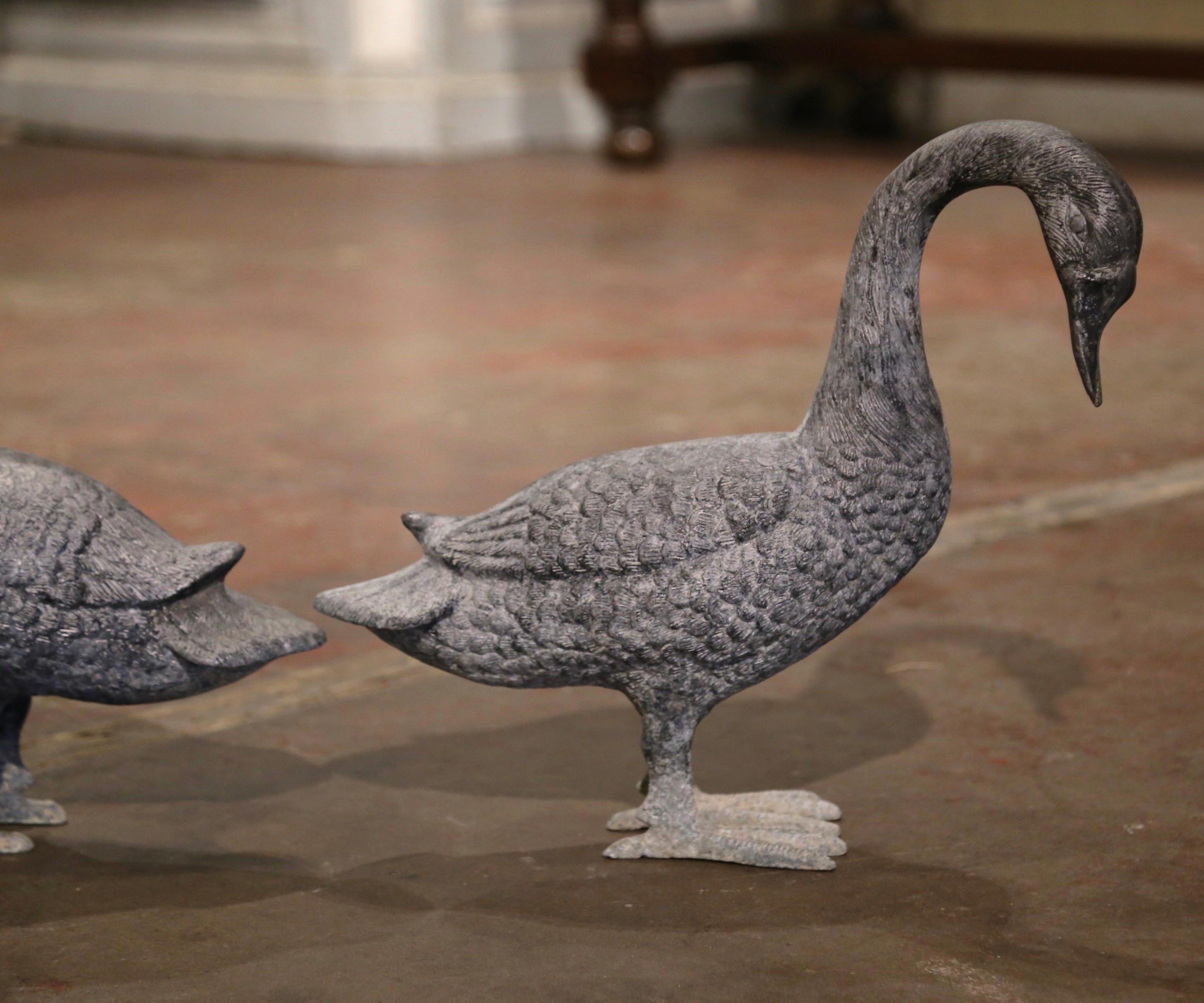 Pair of Mid-Century French Patinated Cast Metal Goose Sculptures  1