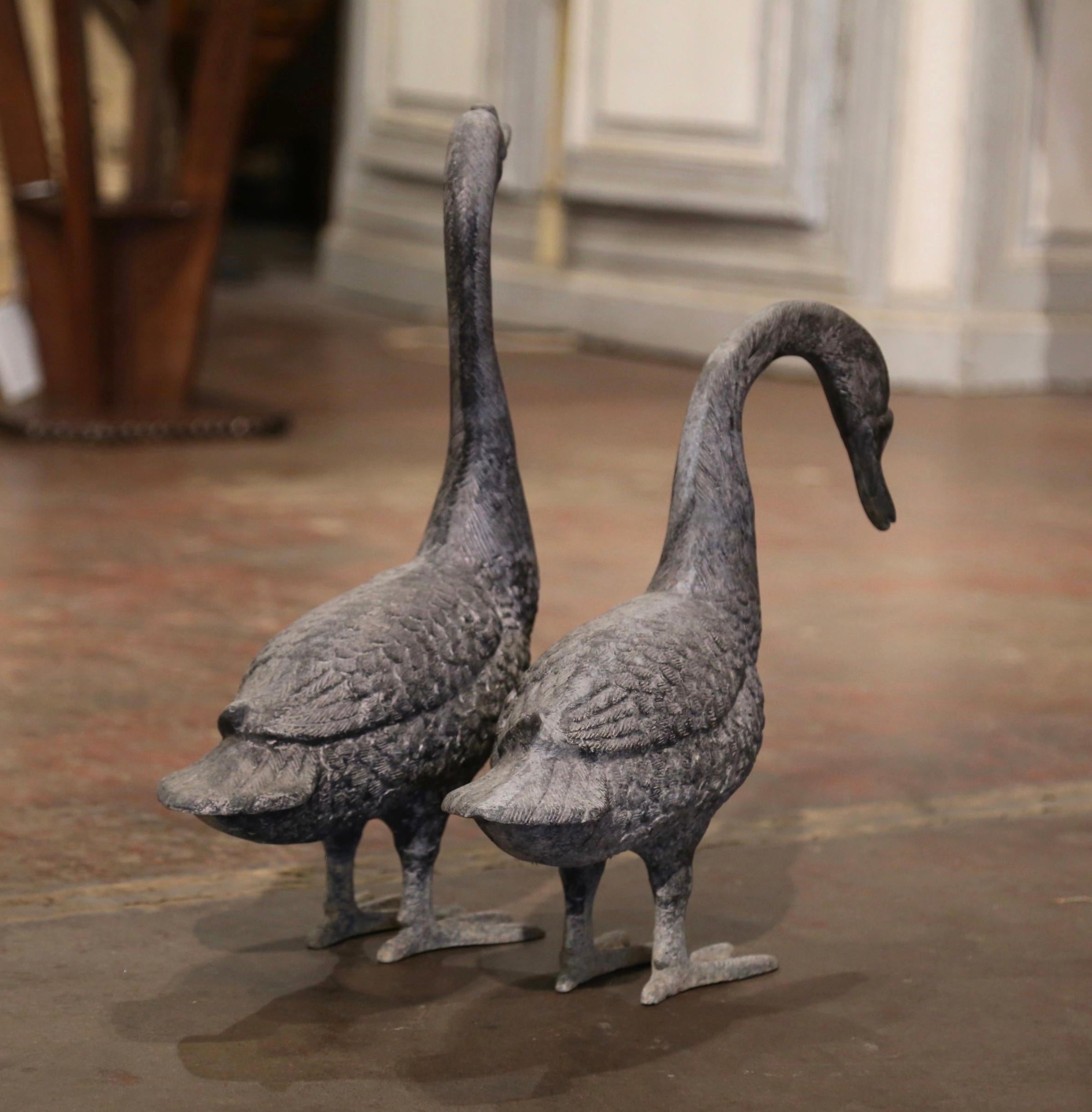 Pair of Mid-Century French Patinated Cast Metal Goose Sculptures  For Sale 2