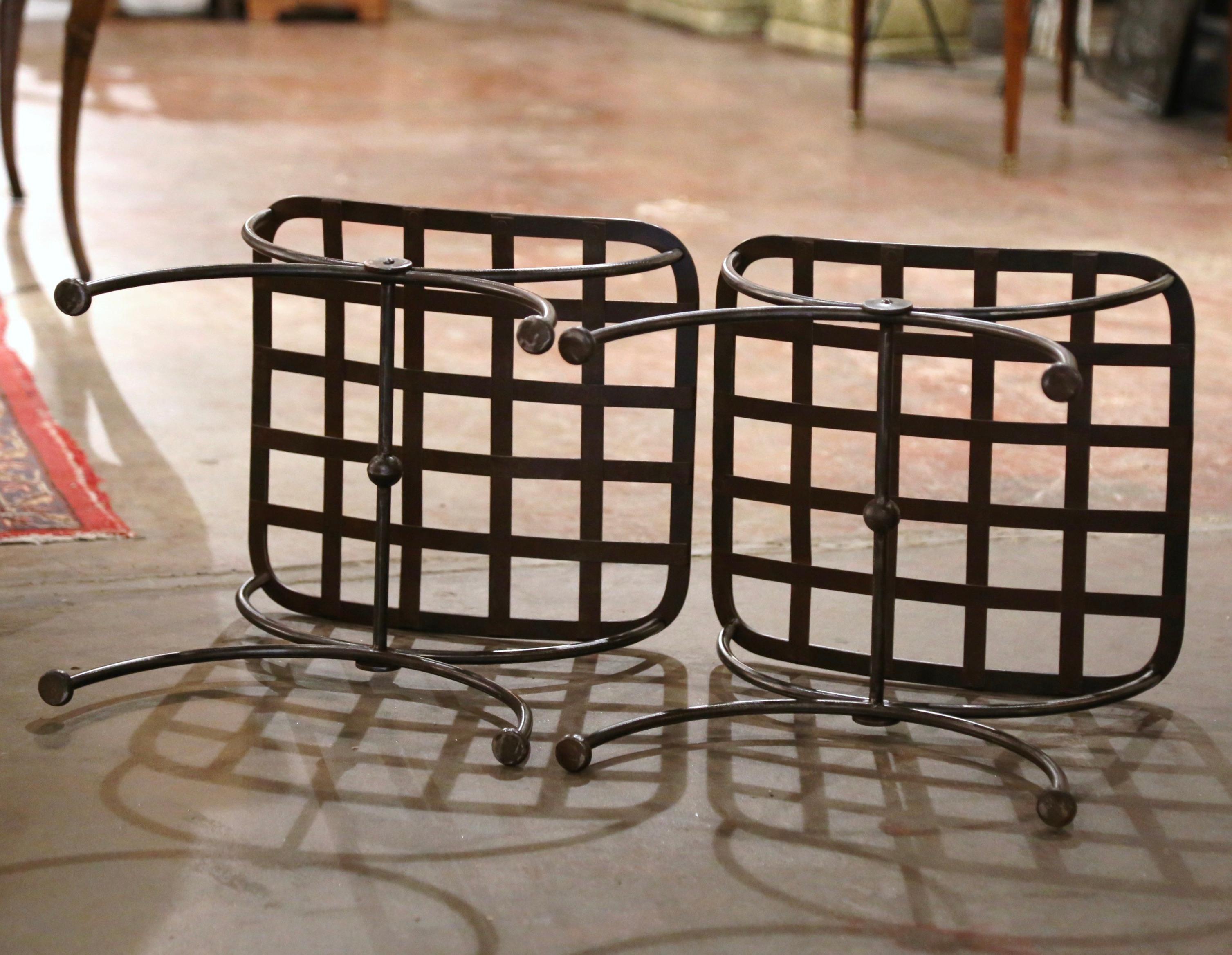 Pair of Midcentury French Polished Iron and Metal Curule Stools 8