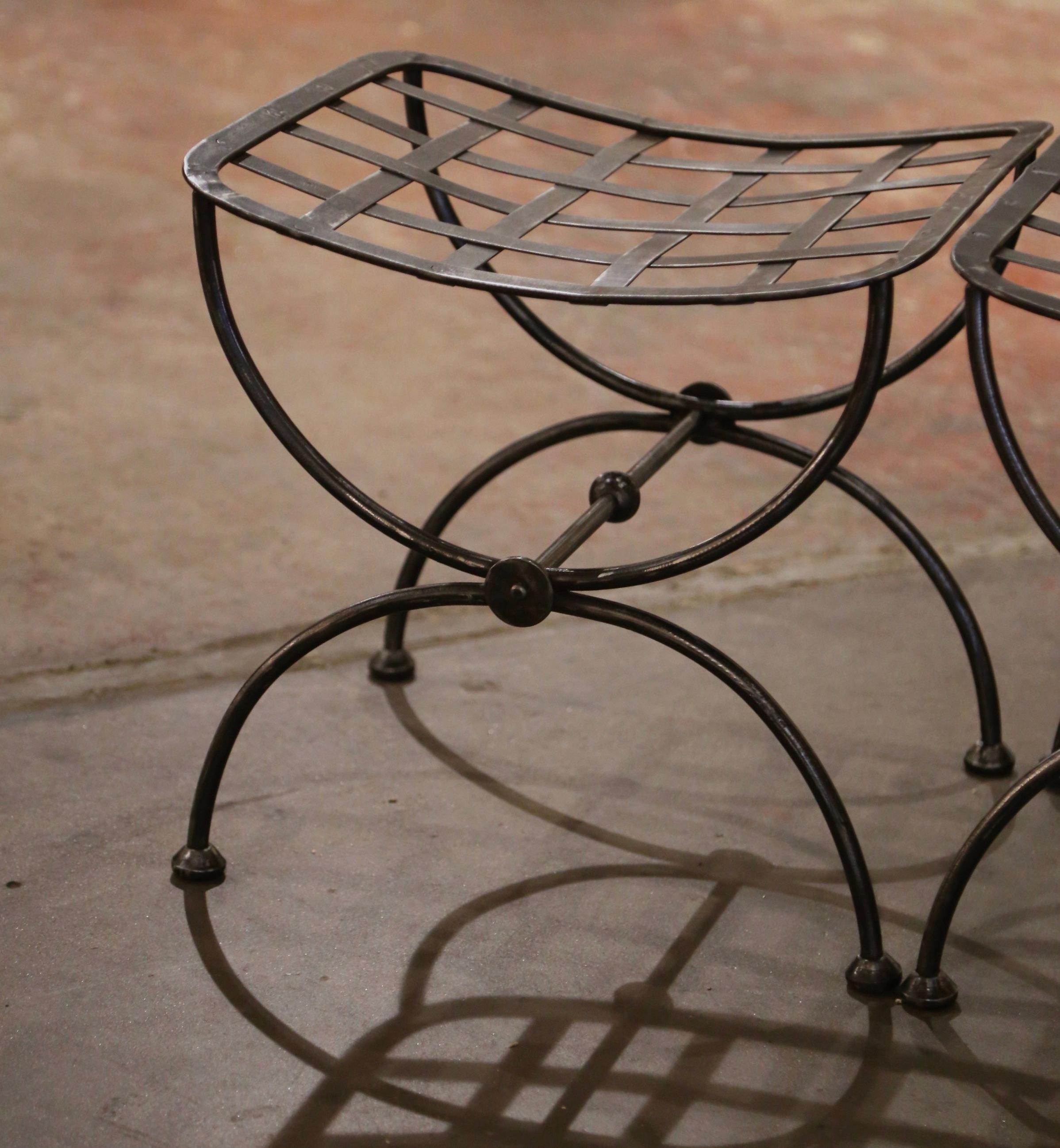 Pair of Midcentury French Polished Iron and Metal Curule Stools In Excellent Condition In Dallas, TX