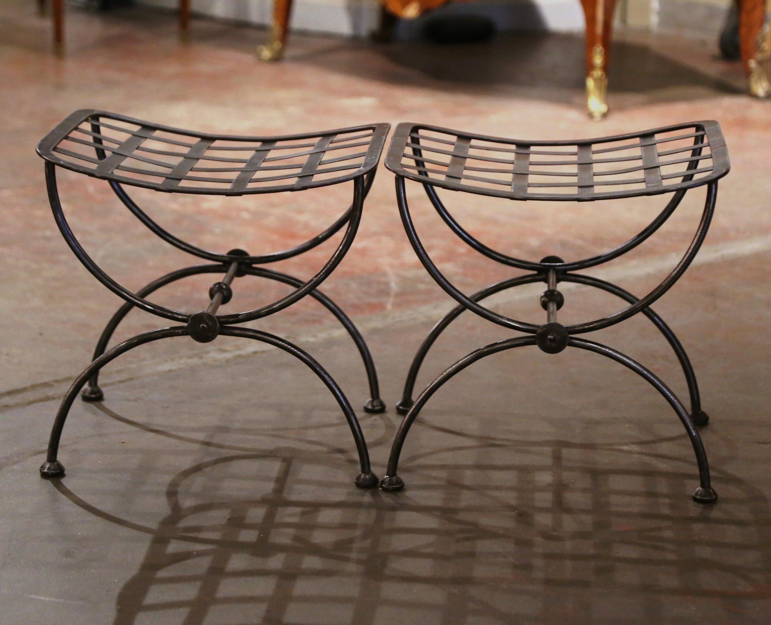 Pair of Midcentury French Polished Iron and Metal Curule Stools 3