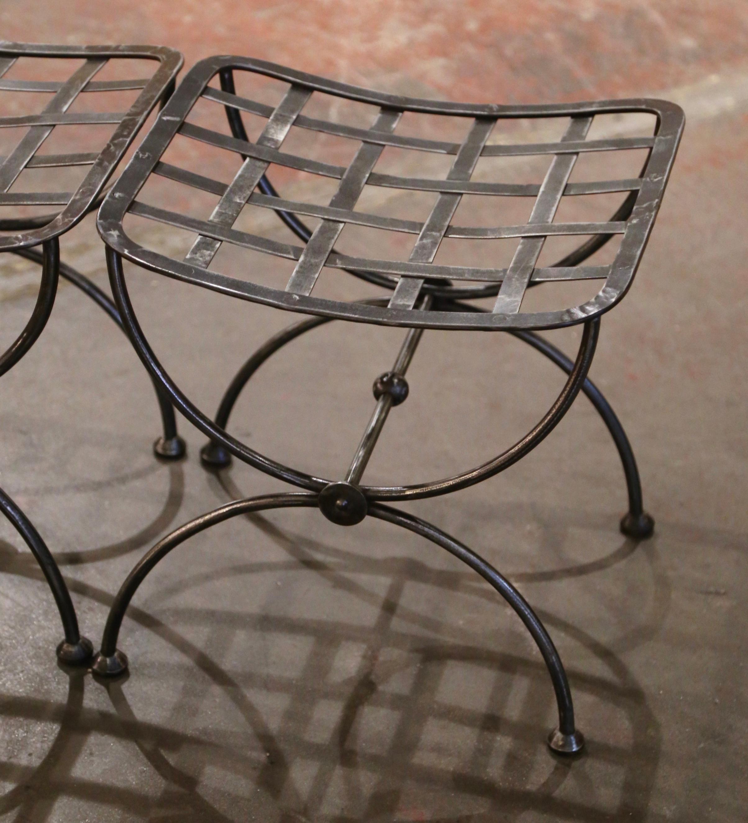 Pair of Midcentury French Polished Iron and Metal Curule Stools 5