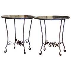 Pair of Mid-Century French Polished Wrought Iron and Marble Patio Side Tables