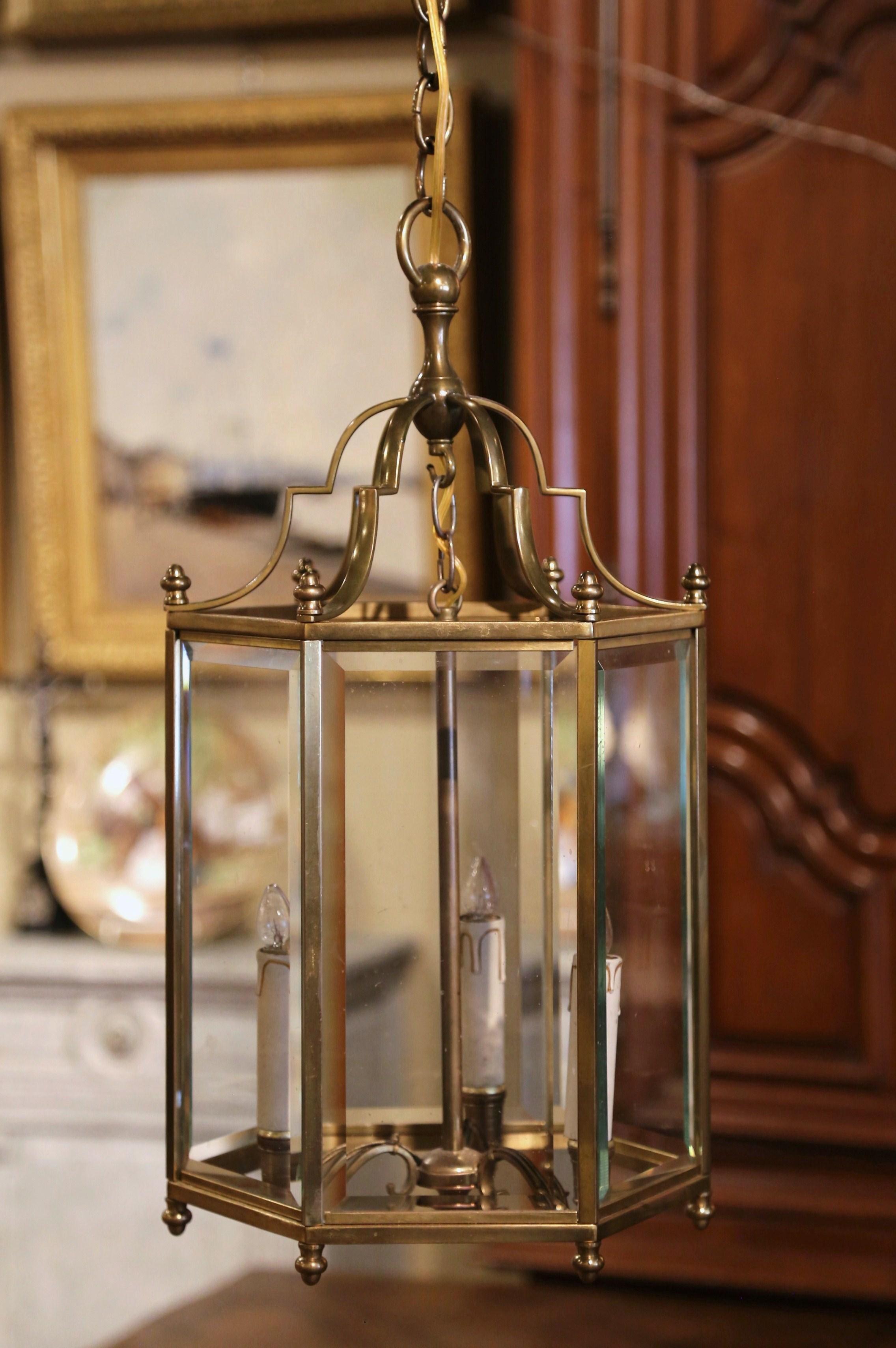 20th Century Pair of Mid-Century French Polygon Beveled Glass Three-Light Brass Lanterns