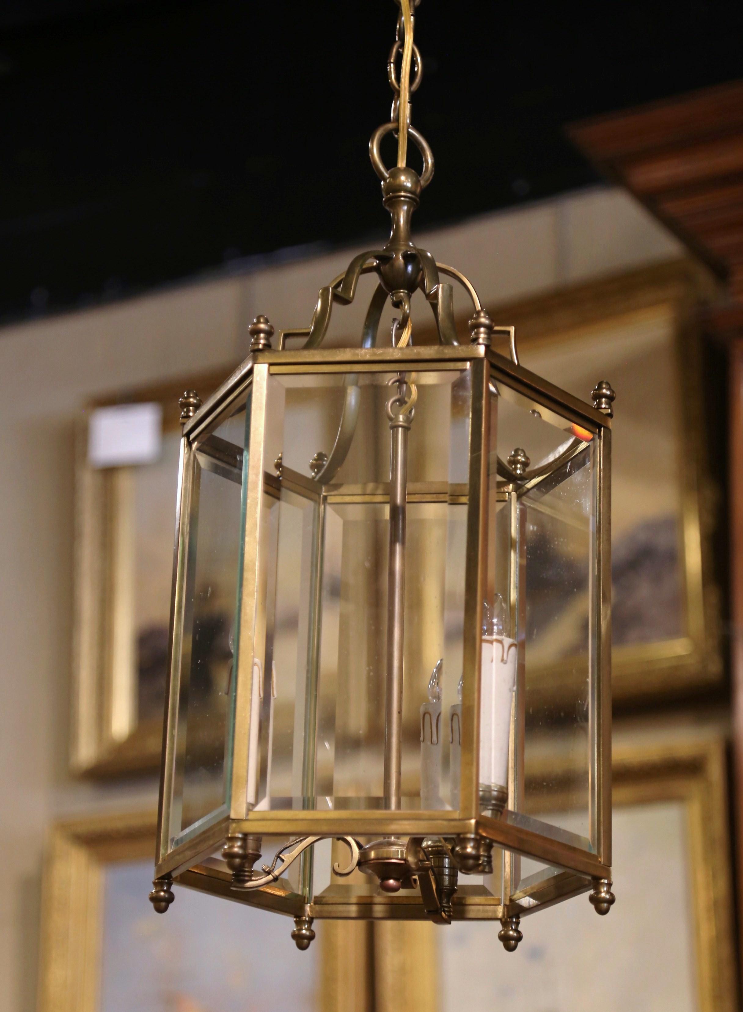 Pair of Mid-Century French Polygon Beveled Glass Three-Light Brass Lanterns 1