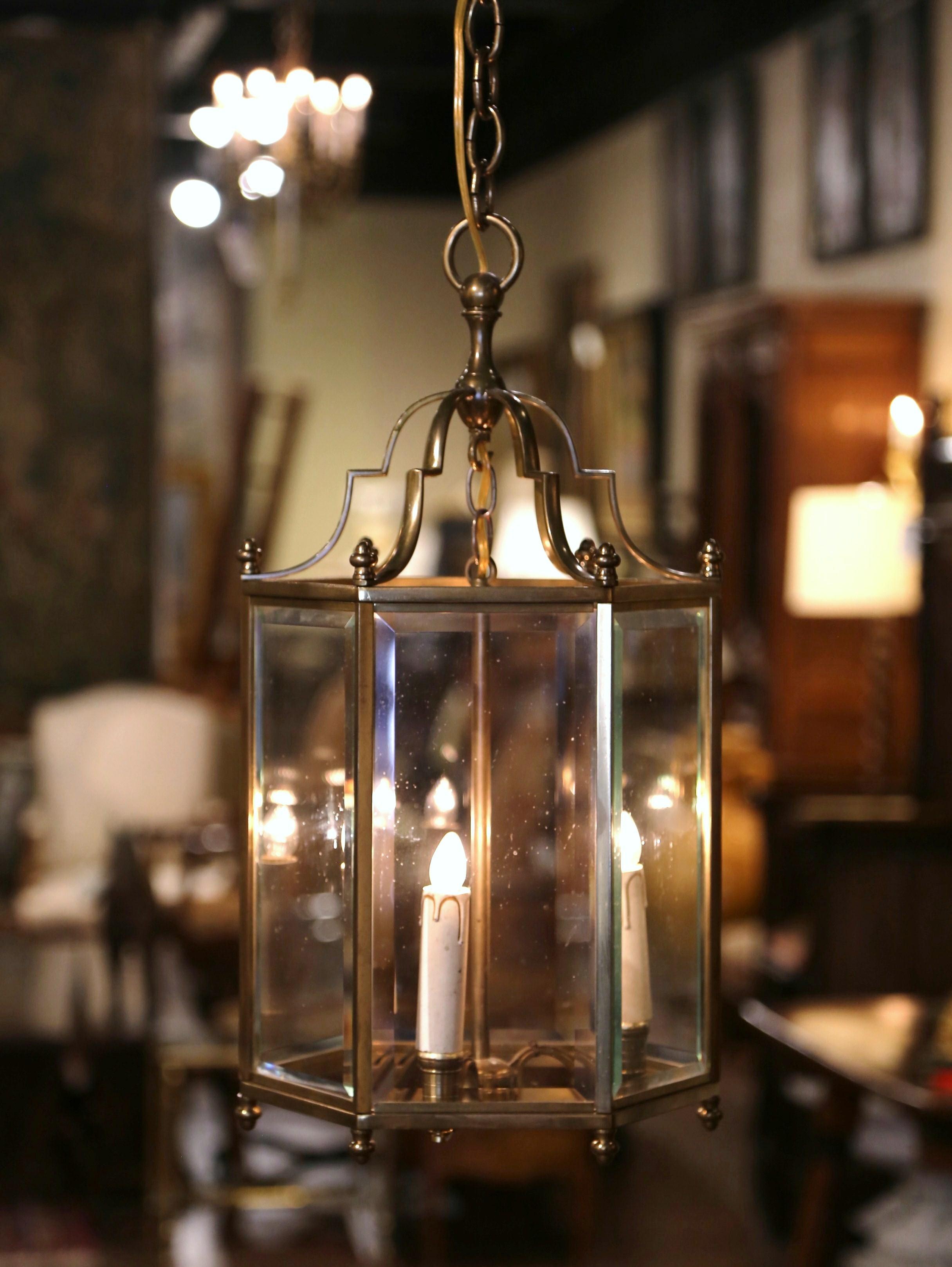 Pair of Mid-Century French Polygon Beveled Glass Three-Light Brass Lanterns 2