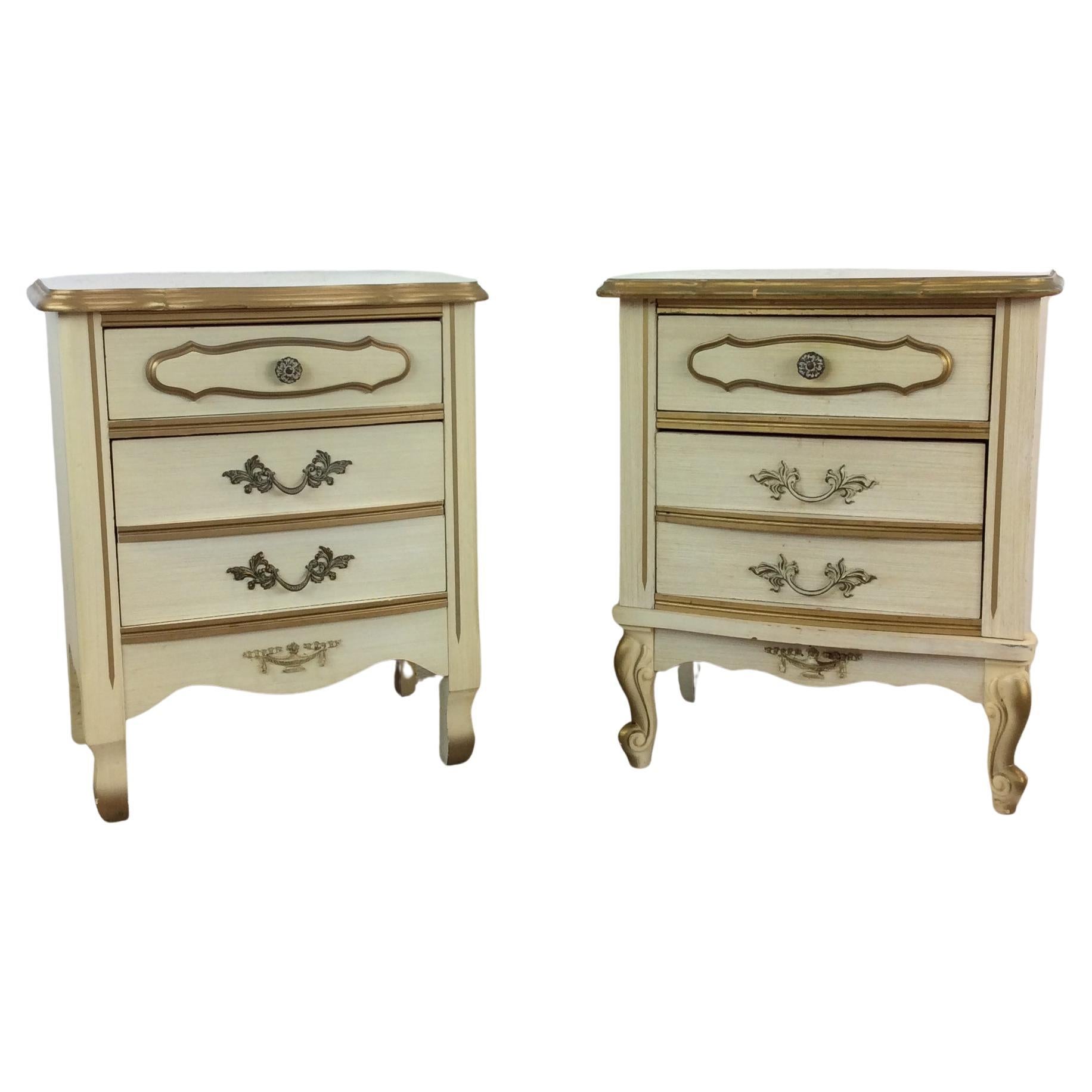 Pair of Mid Century French Provincial Nightstands with 2 Drawers For Sale